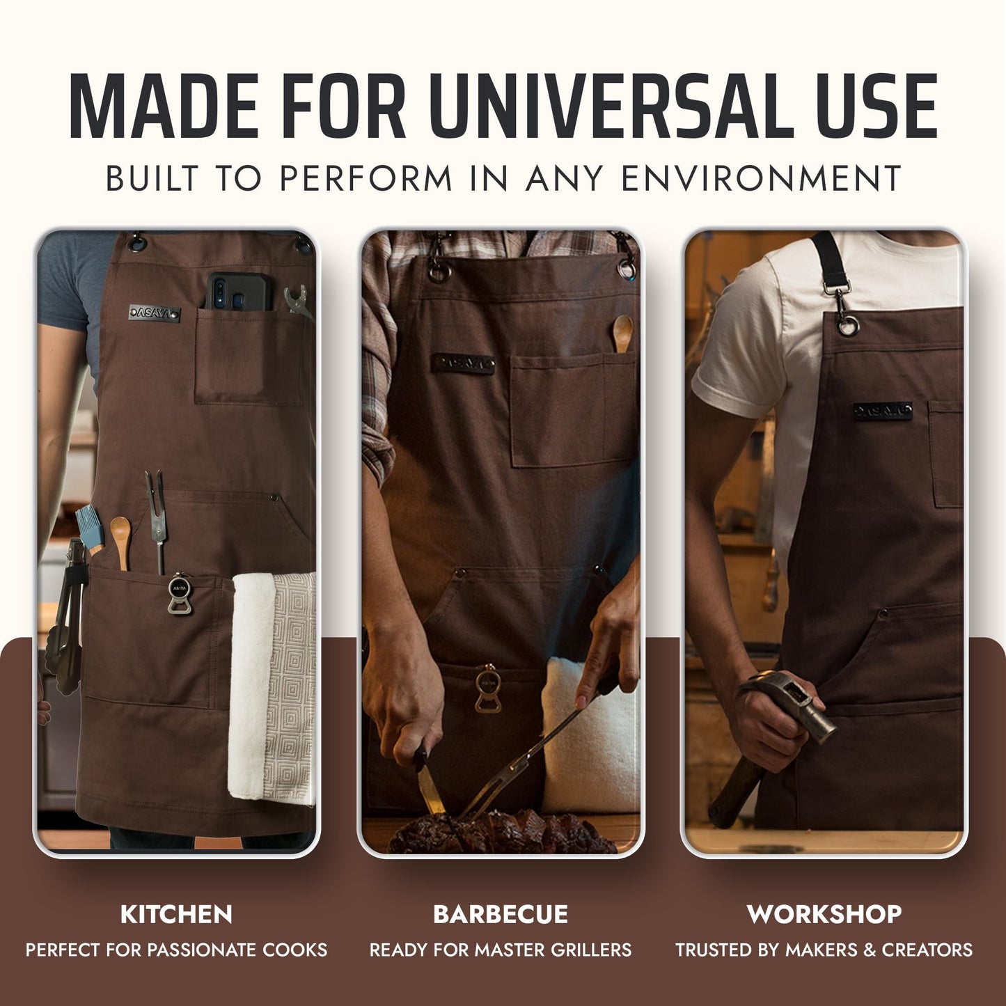 Chef, BBQ and Work Apron with Bottle Opener and Hand Towel - Durable 10oz Cotton Canvas, Brass Hardware and Cross Back Straps - For Men, Women, Grilling, and Cooking (Brown)