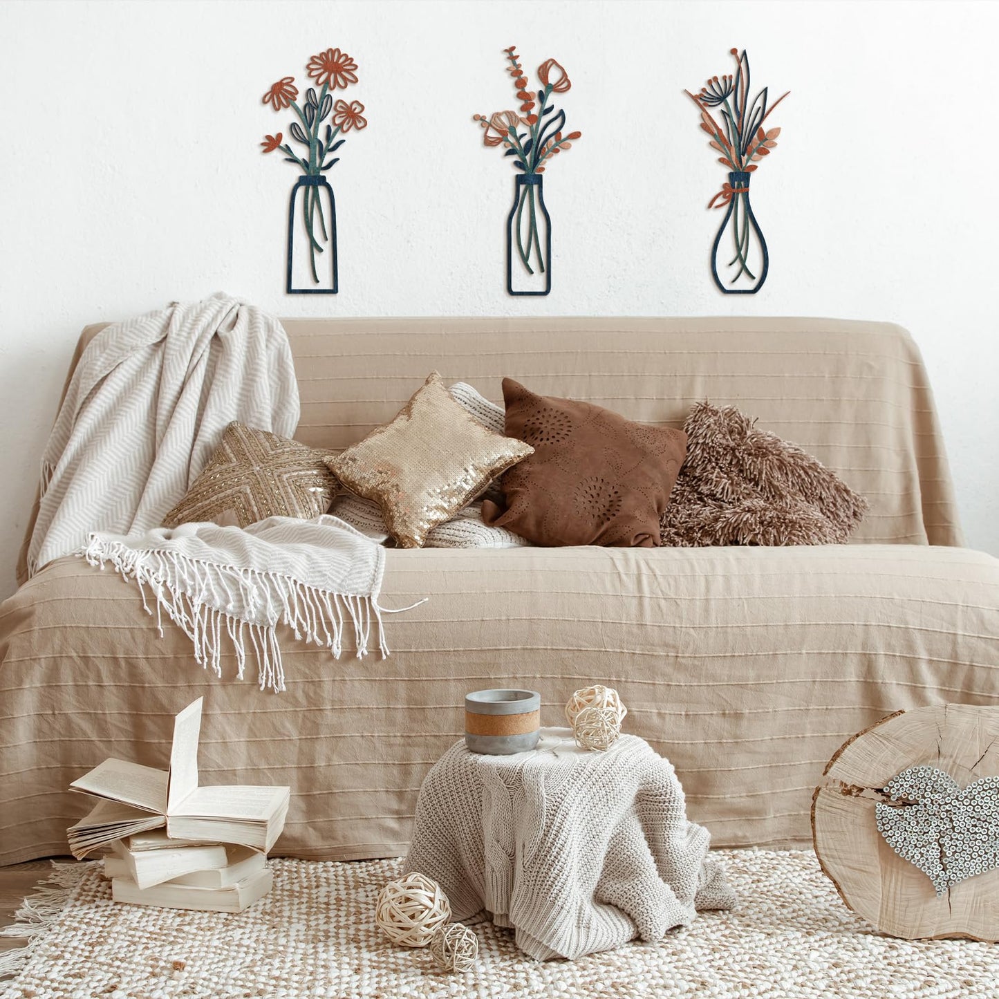 3 Pieces Metal Flowers Wall Arts - Rustic Farmhouse Decor Minimalist Flower Wall Decors for Living room Bathroom Bedroom Dining Room-Housewarming Gifts