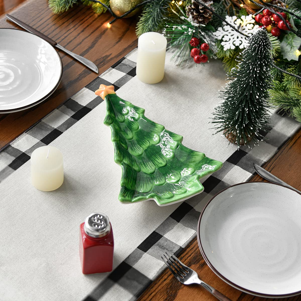 Waterclor Buffalo Plaid Christmas Trees Merry Xmas Table Runner, Seasonal Winter Holiday Kitchen Dining Table Decoration for Indoor Outdoor Home Party Decor 13 x 36 Inch