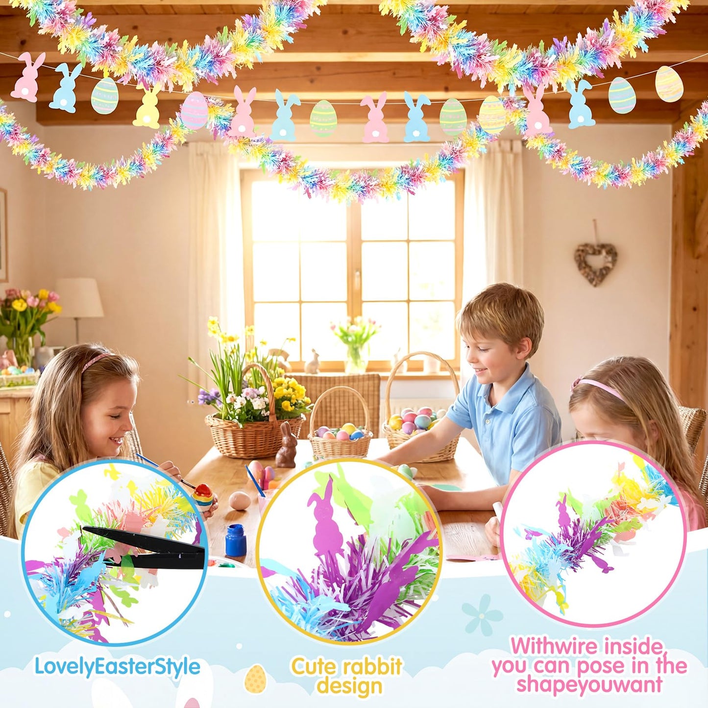 3 Pieces 49 ft Easter Tinsel Garland Decorations Pastel Pink Blue Yellow Metallic Festooning Garland Glittering Sparkling for Easter Party Spring Festival Indoor Outdoor Hanging Decor Holiday