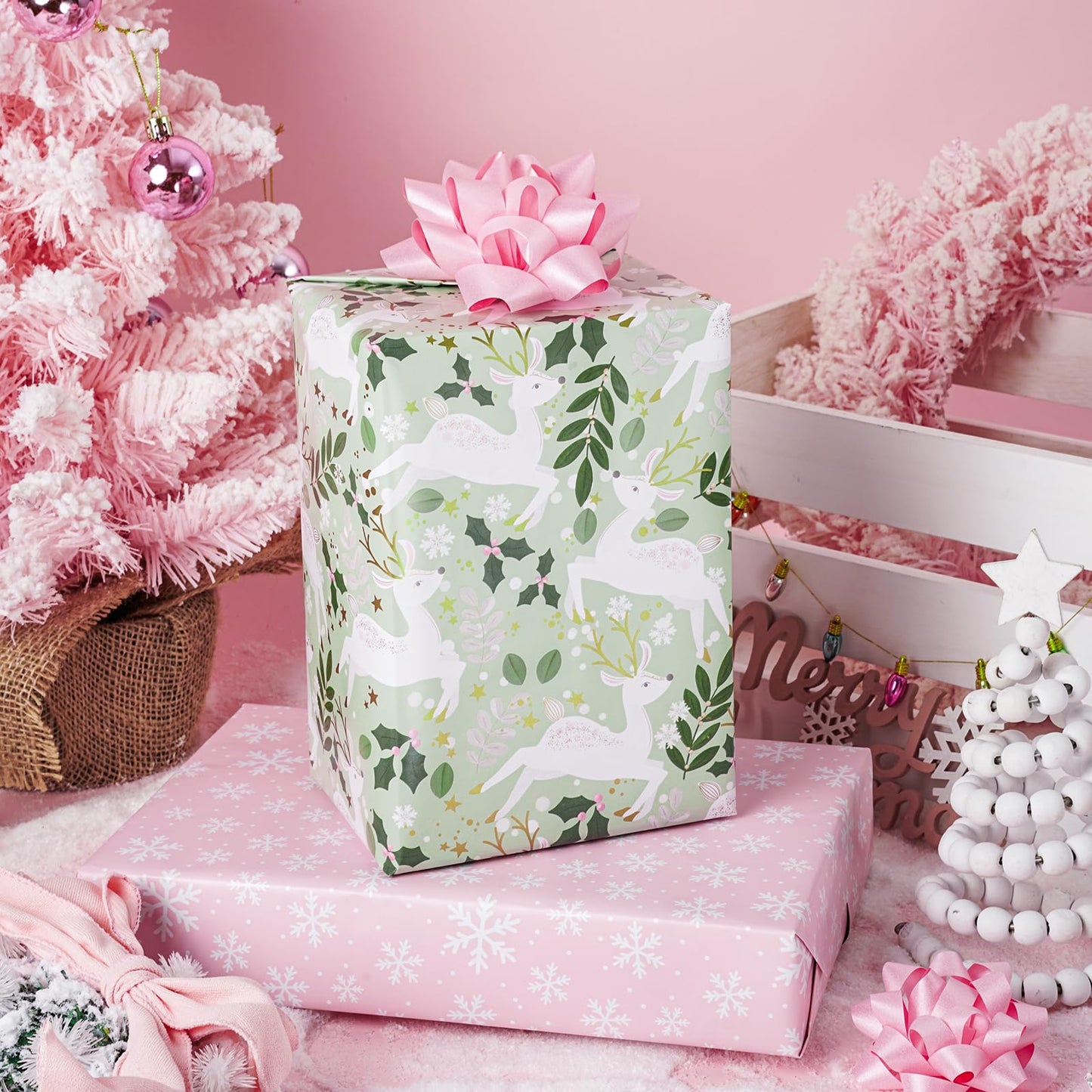 Reversible Wrapping Paper Roll - Mini Roll - Christmas White Reindeer and Snowflake Pattern Great for Christmas, Party, Holiday - 17.5 Inches X 32.8 Feet