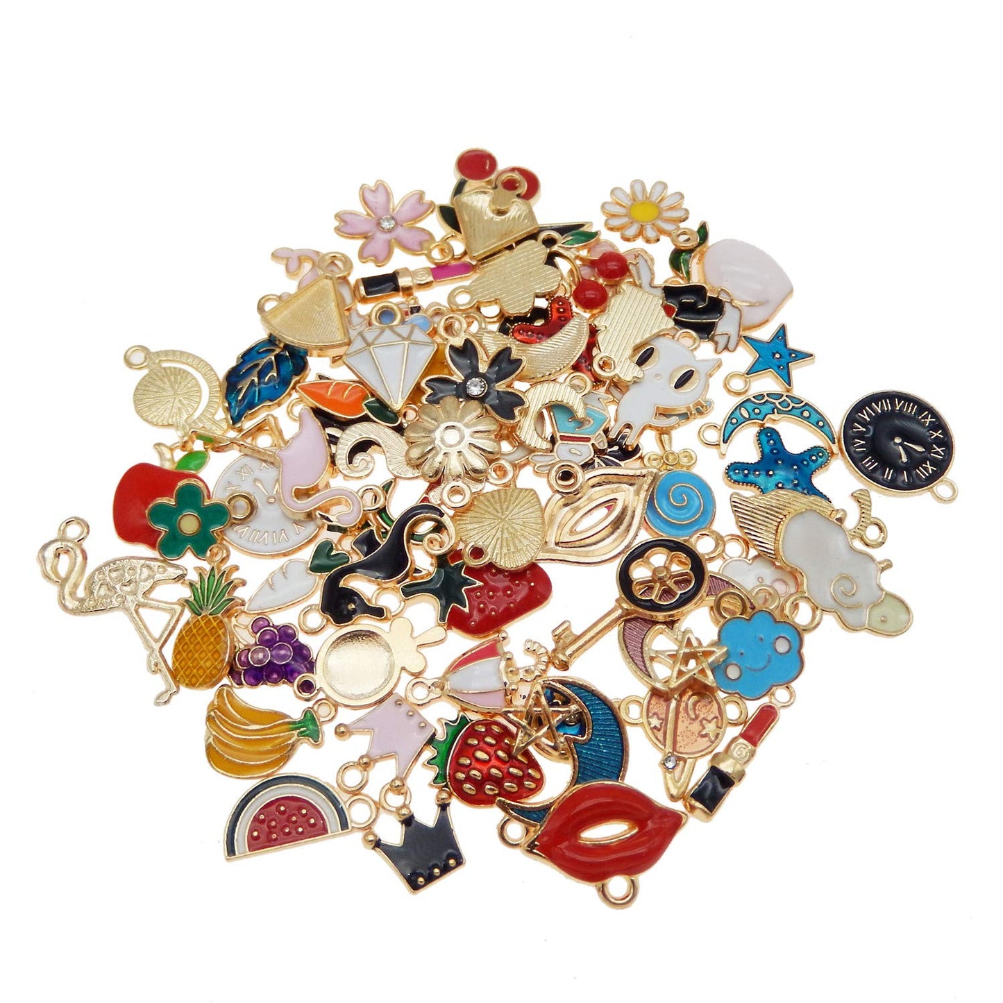 60pcs(30PAIRS) Assorted Gold Plated Enamel Moon Star Animals Dainty Dangle Fruit Flowers Pendants Charms for Earrings Jewelry Making Necklace Bracelet