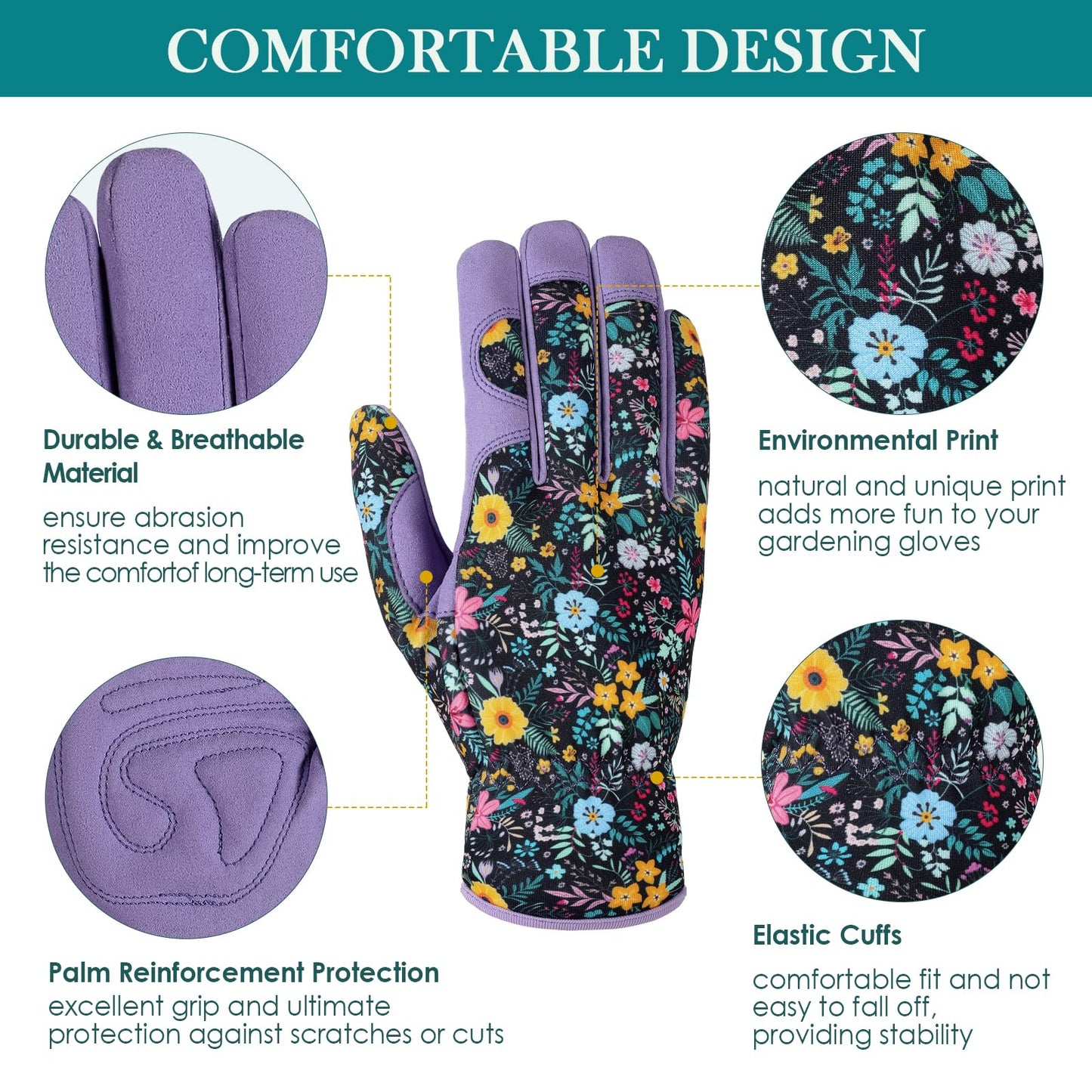 Garden Gloves for Women - Breathable leather Floral Gardening Gloves with Grip, Thorn-Proof Puncture-Resistant Work Gloves for Weeding, Digging, Planting, Raking and Pruning, Purple - Flower