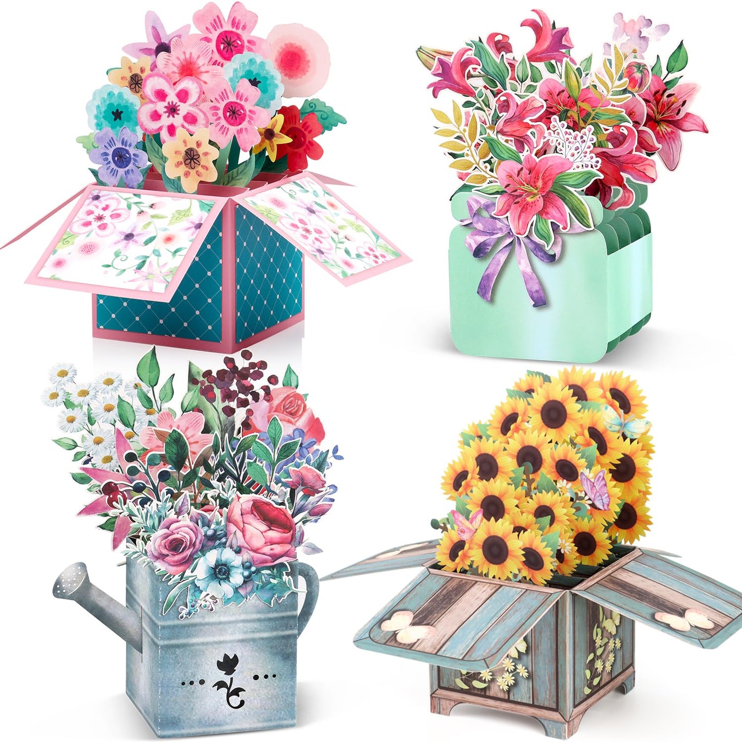 Giiffu 4 Pack Pop Up Flower Bouquet Cards, 3D Paper Flower Greeting Cards with Envelope & Note, Pop Up Birthday Cards for Women, Mothers Day Card, Thank You, Get Well, All Occasion Gift Cards