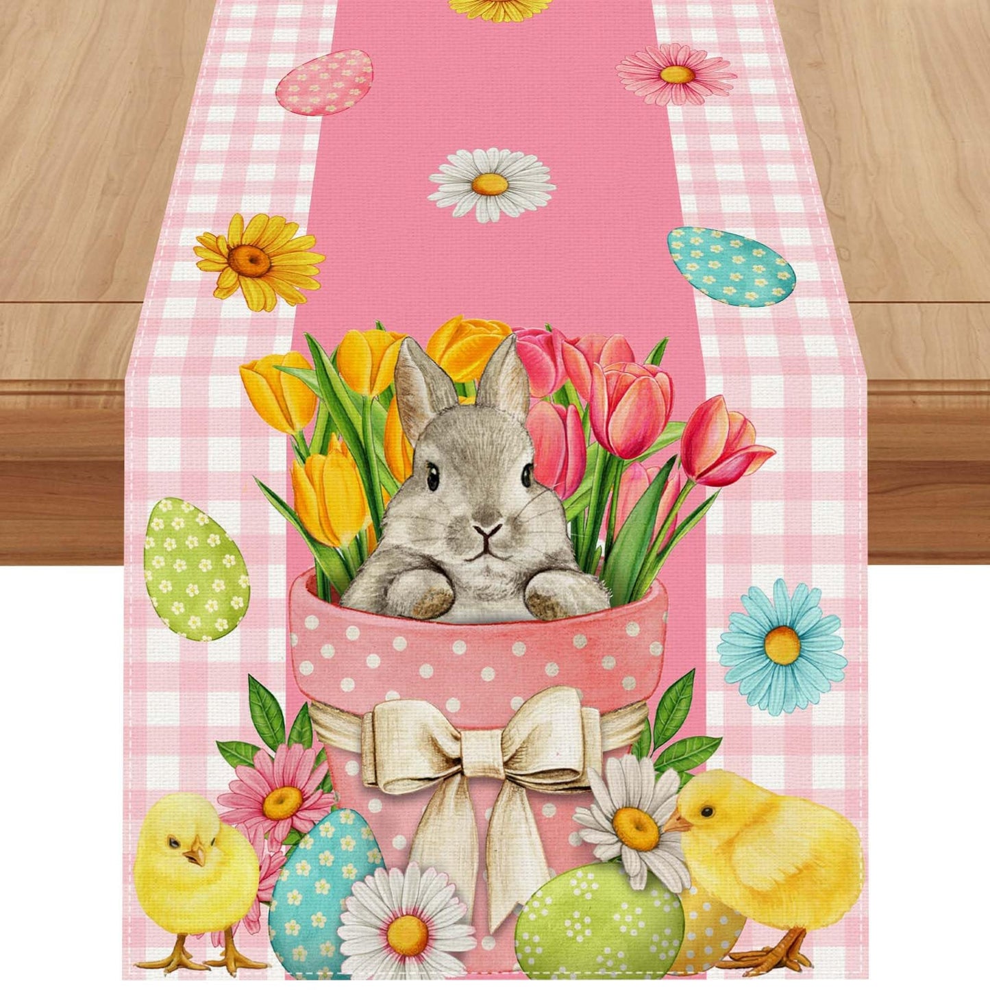 Linen Pink and White Buffalo Check Plaid Easter Table Runner 72 Inches Long Easter Egg Bunny Chick Daisy Tulip Floral Table Decor Spring Summer Easter Home Kitchen Dining Room Table Decorations