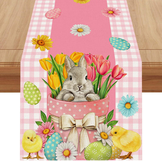 Linen Pink and White Buffalo Check Plaid Easter Table Runner 72 Inches Long Easter Egg Bunny Chick Daisy Tulip Floral Table Decor Spring Summer Easter Home Kitchen Dining Room Table Decorations