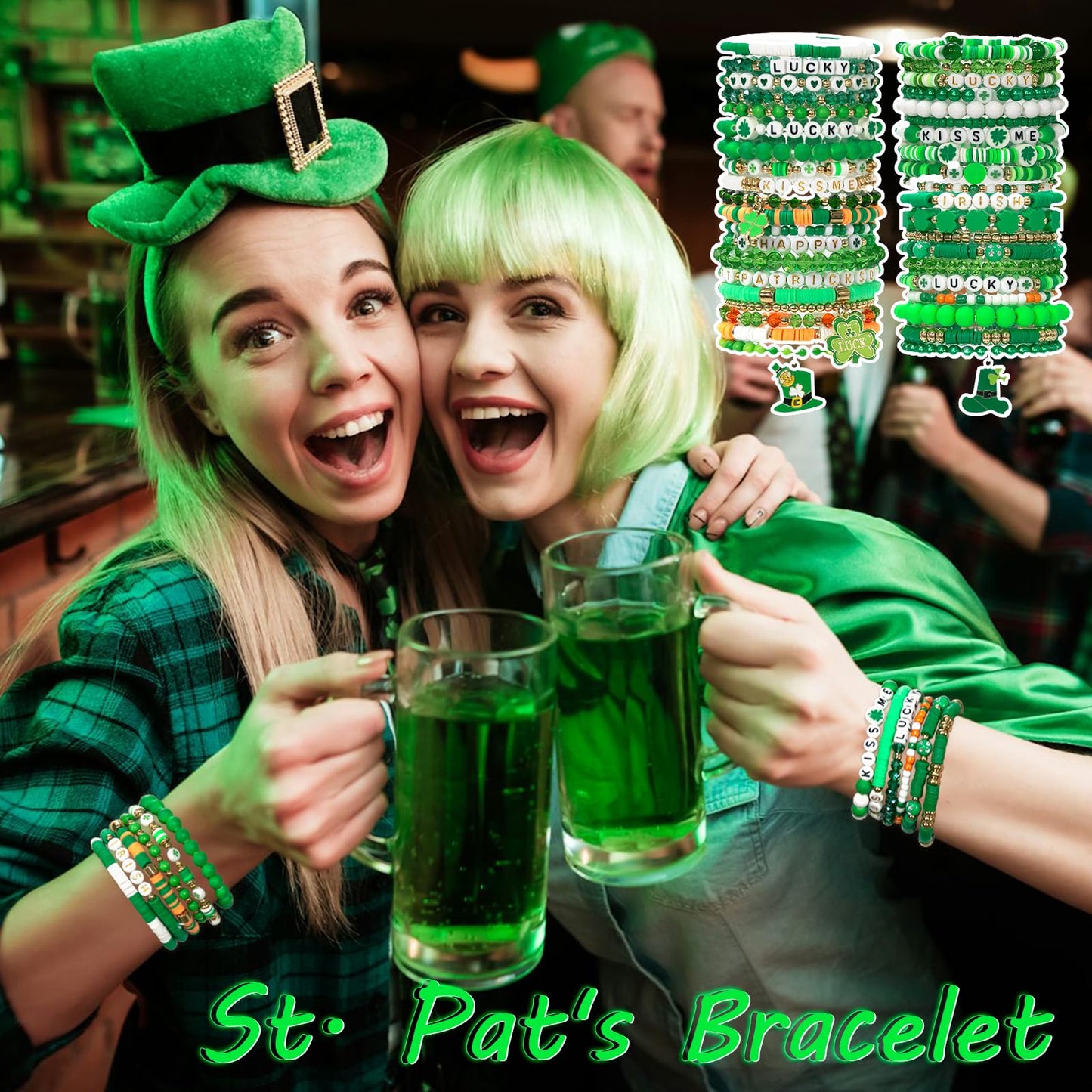 40 Pcs St. Patrick's Day Shamrock Bracelets Set Green Irish Clay Stretch Stackable Friendship Bracelet for Women, Party Favors Jewelry Gift Party Supplies