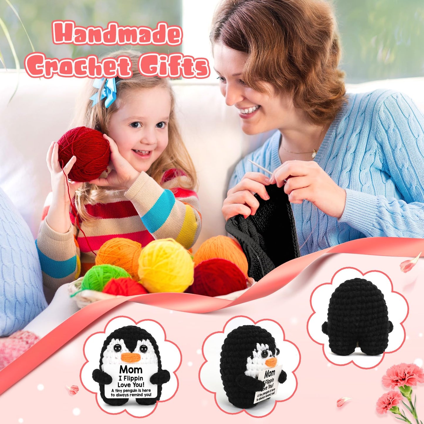 Gifts for Mom Mothers Day from Daughter Son, Handmade Crochet Penguin Mom Gifts for Birthday Mother‘s Day Mommy Mother in Law Bonus Step Mothers, Funny I Love You Mum Present Emotional Cute Decor
