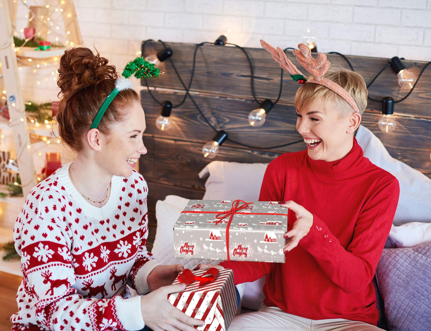 Cuitpan White Christmas Wrapping Paper Bundle for Kids Adults - Reindeer, Stripes, Woodlands, Snowflake, Red Truck Winter Scene Designs - 28 x 40 Inches, 6 Jumbo Sheets, Recycled