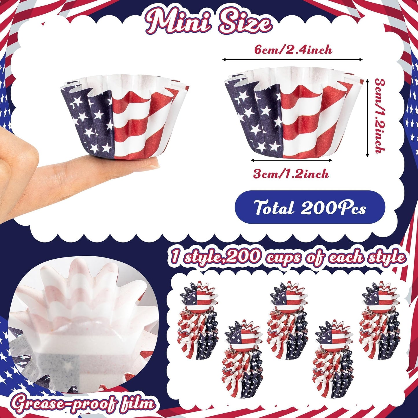 R HORSE 200Pcs American Flag Cupcake Liners, July 4th Grease-resistant Mini Size Cupcake Cups for Baking, Heavy Duty Paper Cupcake Wrappers Muffin Baking Cup for 4th of July Independence Day