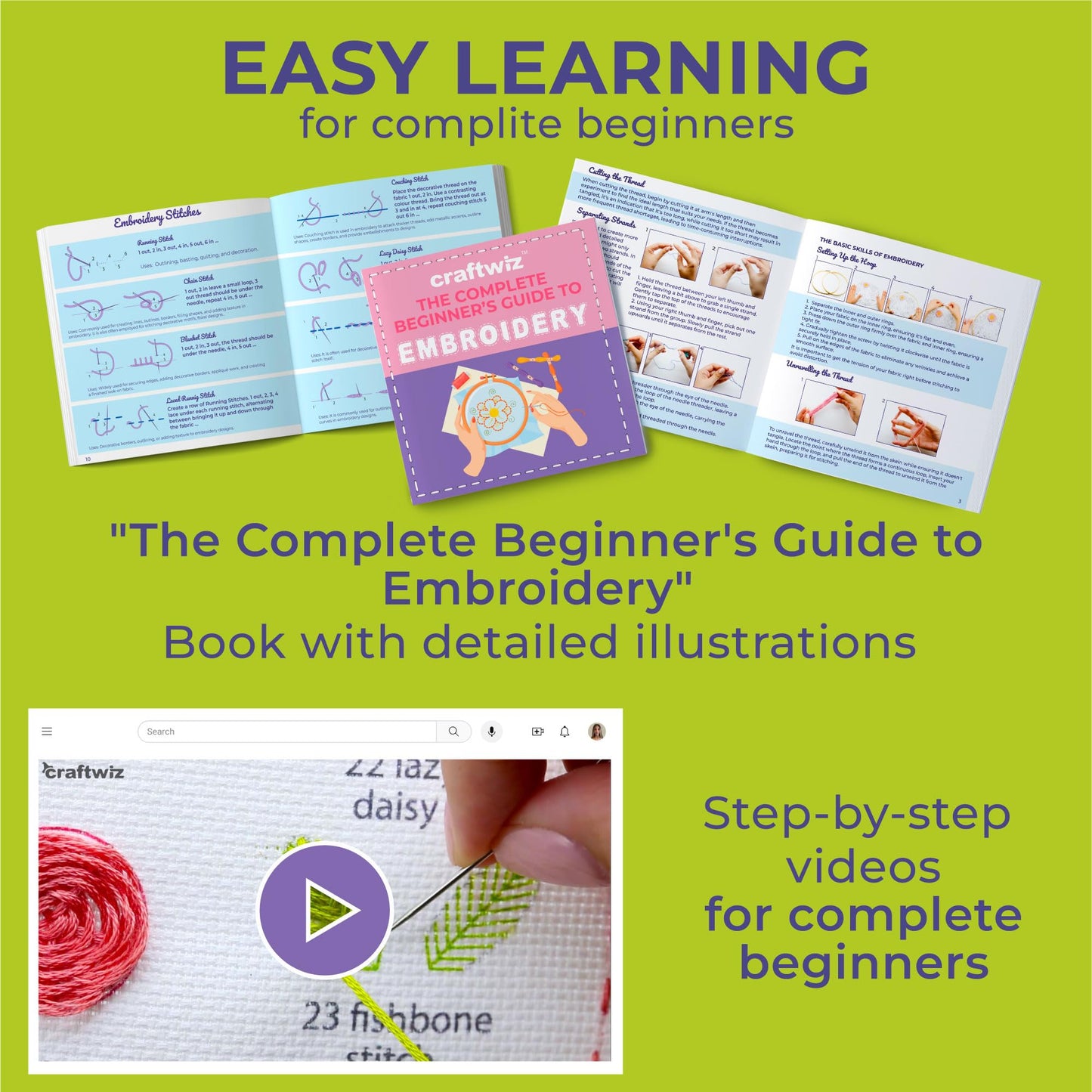 Craftwiz 4-Piece Starter Embroidery Kit for Beginners and Expert with Simple Patterns, Learn 29 Stitches with Hand Embroidery Kit