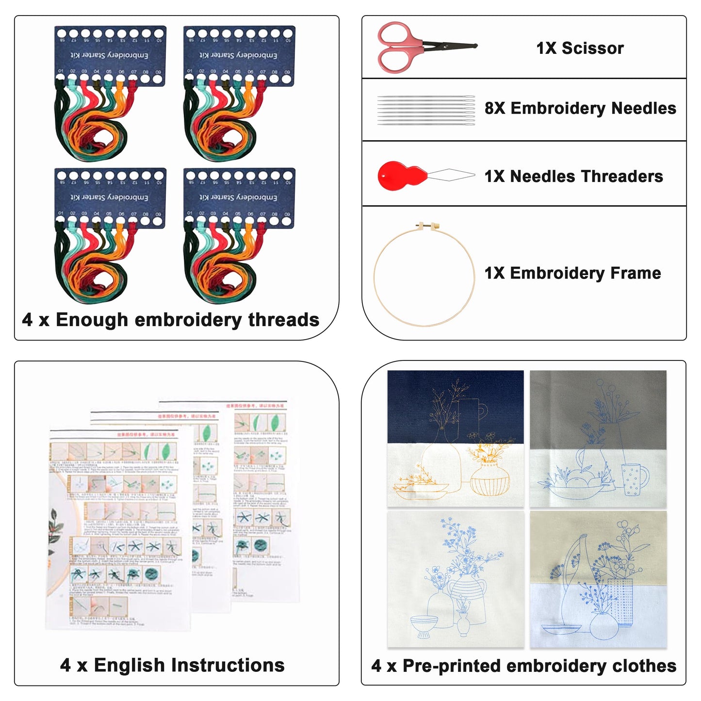 Maydear 4 Sets Embroidery Kit,Embroidery Kit for Beginners Adults, Punch Needle Kit Cross Stitch Kits with Embroidery Hoop and Instructions,Hand Embroidery Starter Kit (vase)