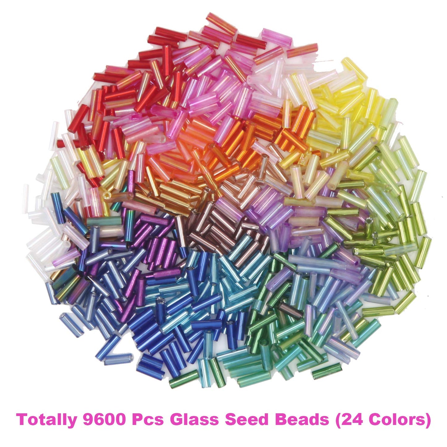 9600pcs Tube Beads Kit Glass Bugle Seed Beads Small Craft Beads for DIY Bracelet Necklaces Crafting Jewelry Making Supplies with Two Crystal String (7mm, 400 Per Color, 24 Colors)