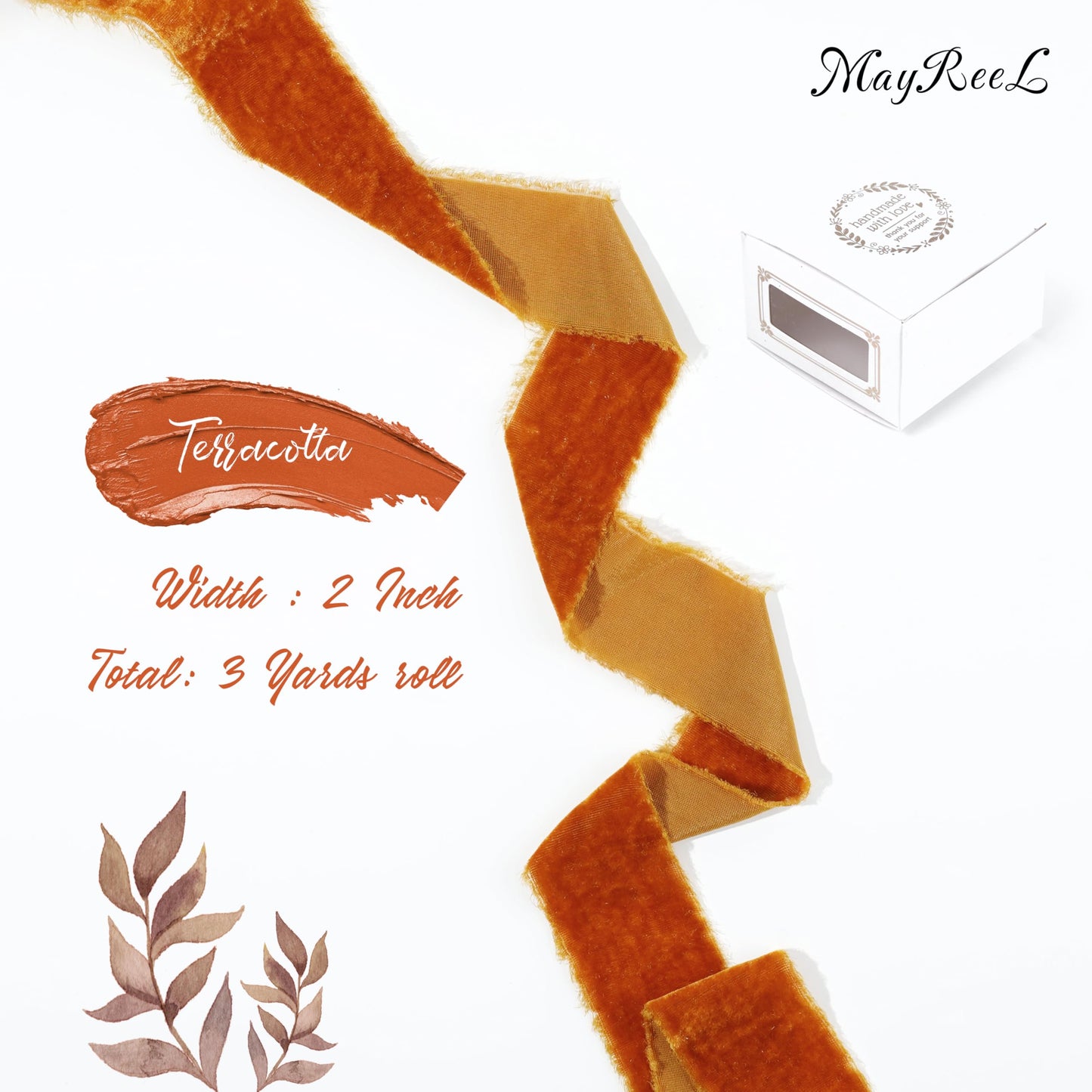 Terracotta Velvet Ribbon 2 Inch Hand Torn Burnt Orange Silk Frayed Edge Ribbon for Thanksgiving Bridal Bouquets Invitations Wedding Vow Books Gift Baskets 3 Yards