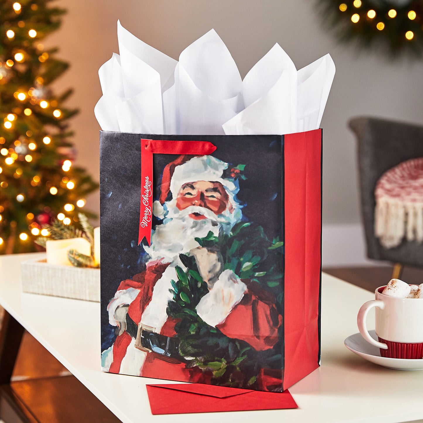 13" Large Christmas Gift Bag with Tissue Paper and Gift Tag (Traditional Santa Claus) for Kids, Adults, Friends, Family