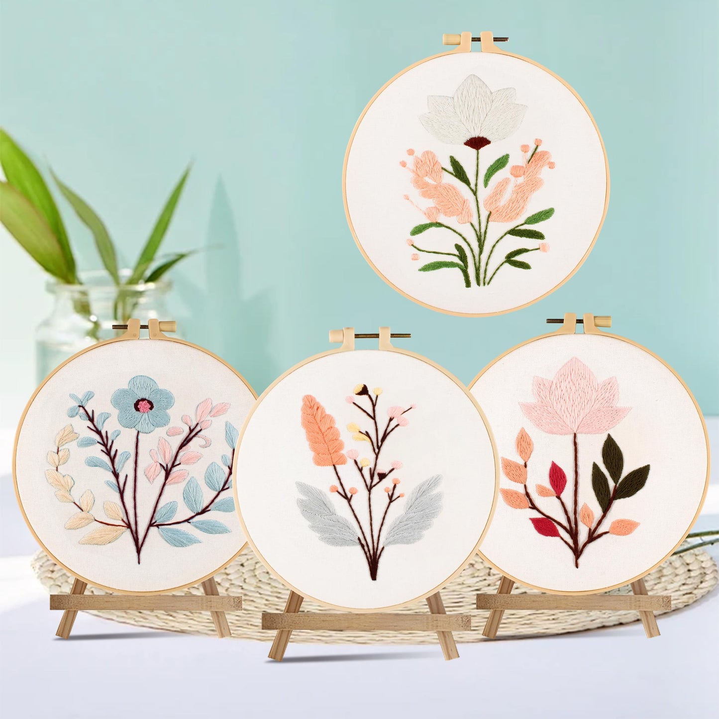 Maydear 4 Sets Embroidery Kit Punch Needle Kit,Embroidery Kit for Beginners Cross Stitch Kits with Embroidery Hoop and Instructions, Hand Embroidery Starter Kit for Adults (Four Flowers)