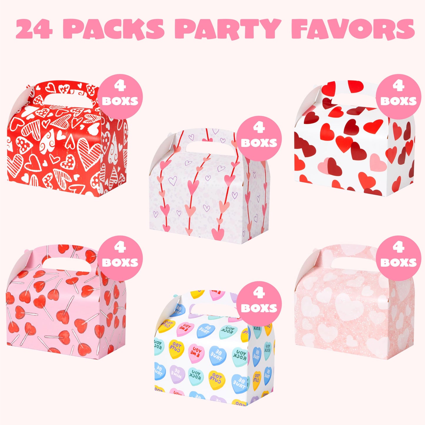 24 Pcs Valentine’s Day Gift Treat Boxes, Cookie Boxes with Colorful Heart shaped Design for Kids Party Favor, Classroom Exchange Prizes, Valentines Candy Boxes