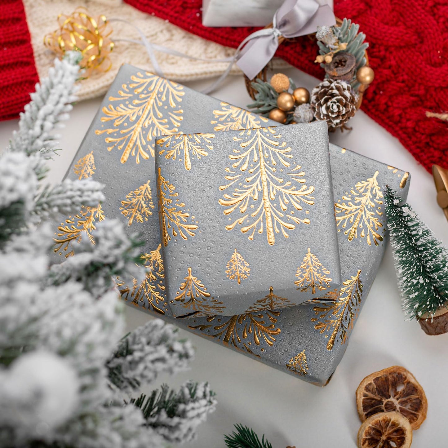 Kraft Christmas Wrapping Paper,Gray and Gold 3D Embossed Foil Christmas Tree with Woodlands Wrap Paper for Holiday, Party,Celebration, New Year (17 Inch X 32.8 Feet)