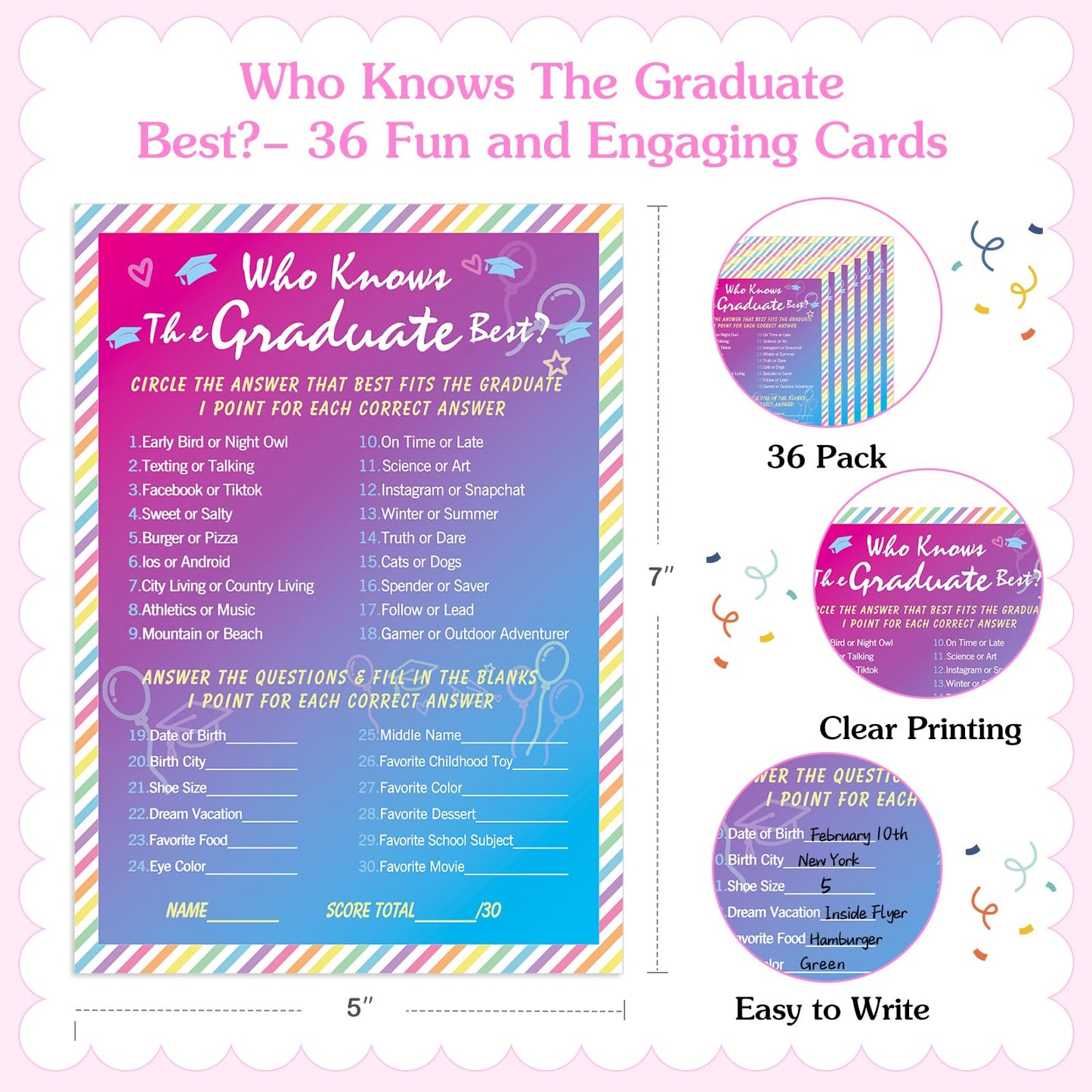 FaCraft 36PCS Who Knows Graduate Best Game Cards - Class of 2026 Graduation Party Games for Guests Funny Graduation Activities for High School & College Grad Parties Rainbow Design Party Supplies