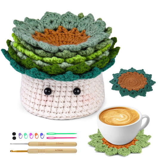 Crochet Kit for Beginners, 6PCS Coasters Crochet Starter Kit Plant Pot, Knitting Supplies Kit with Step-by-Step Video Tutorials, Crochet Yarn for Adults DIY Present