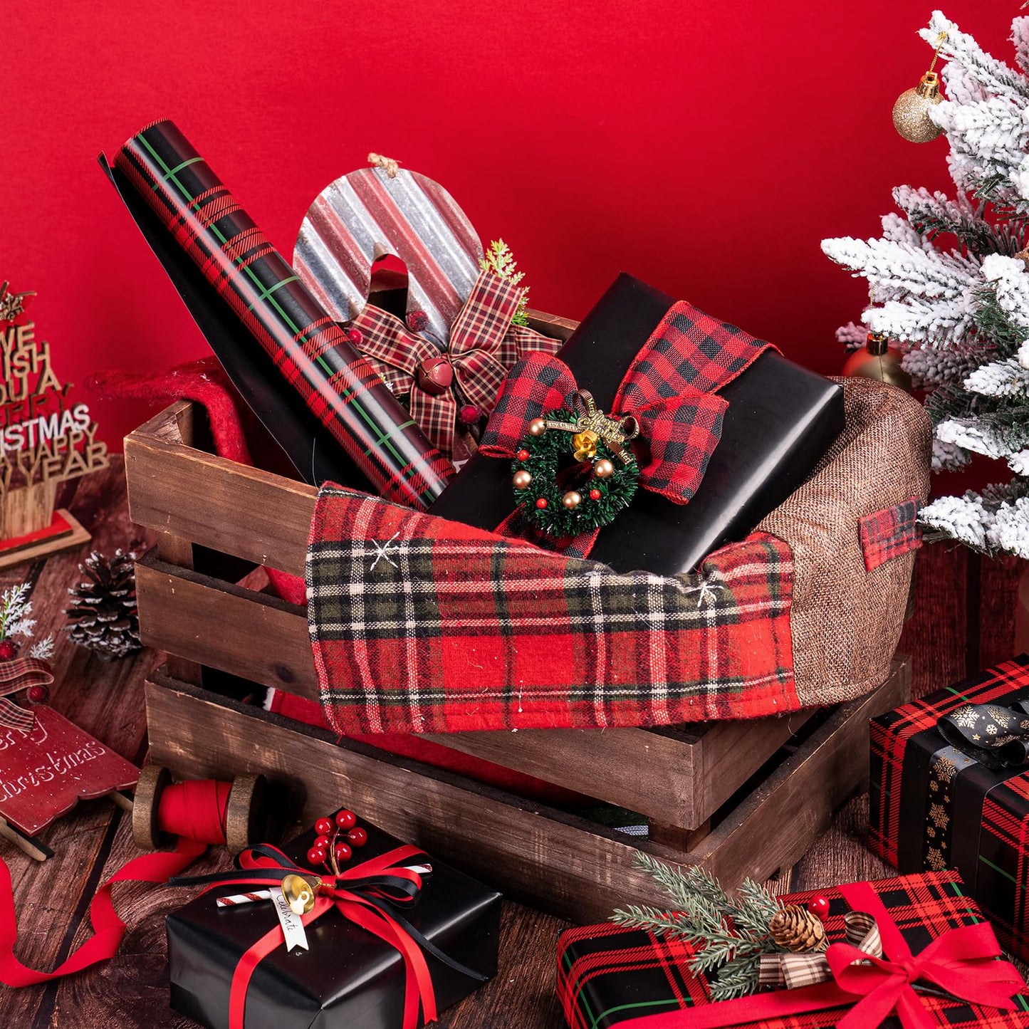 Reversible Plaid Wrapping Paper - Mini Roll - 17 Inch x 33 Feet - Red and Black Plaid Christmas Wrapping Paper for Christmas, Birthday, Baby Shower, Holiday