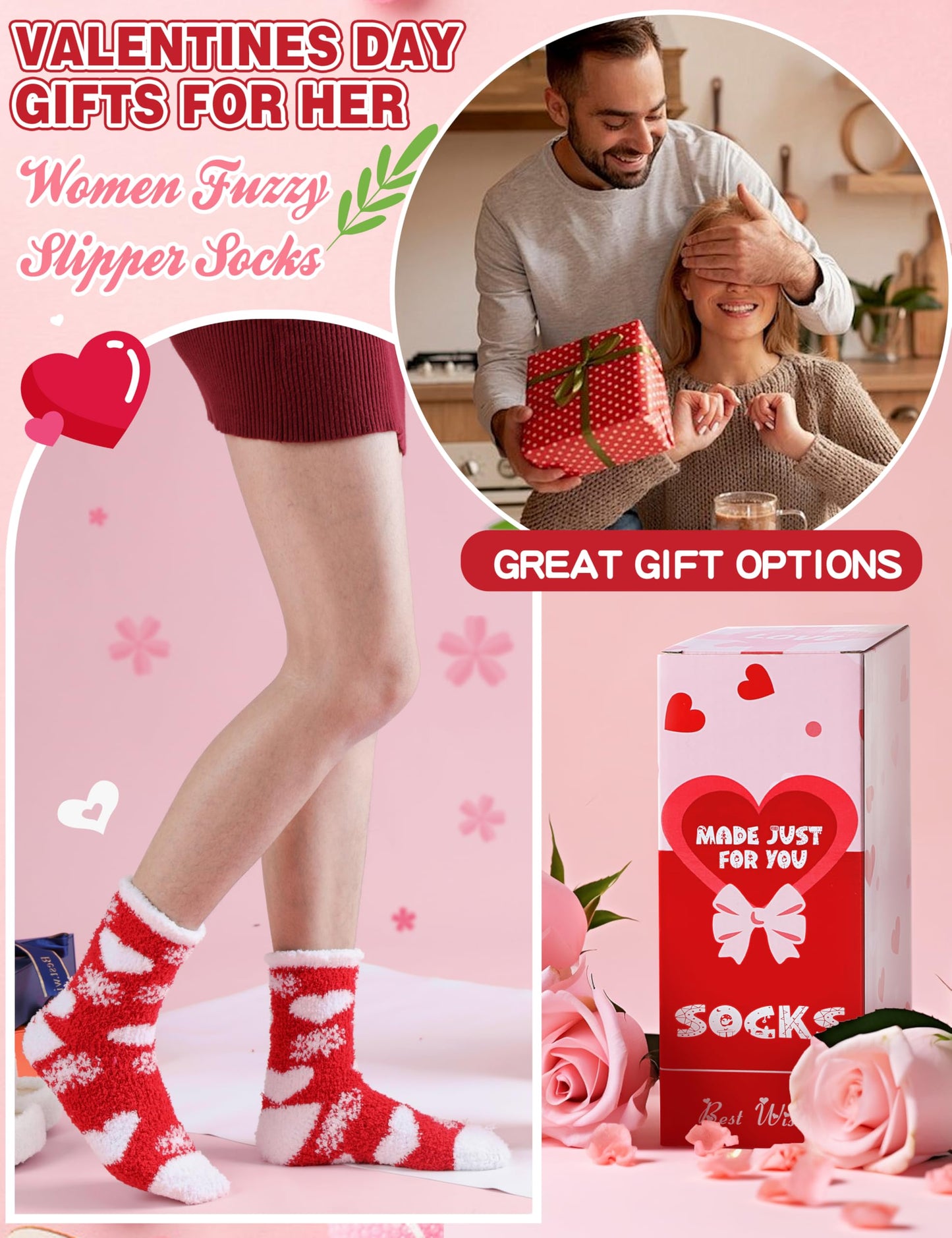 Fuzzy Socks for Women Galentines Day Gifts Fluffy Warm Cozy Winter Slipper Thick Crew Fleece Comfy Sleep Plush Heart Socks 5 Pairs Stocking Stuffers (Red/White Love,M)