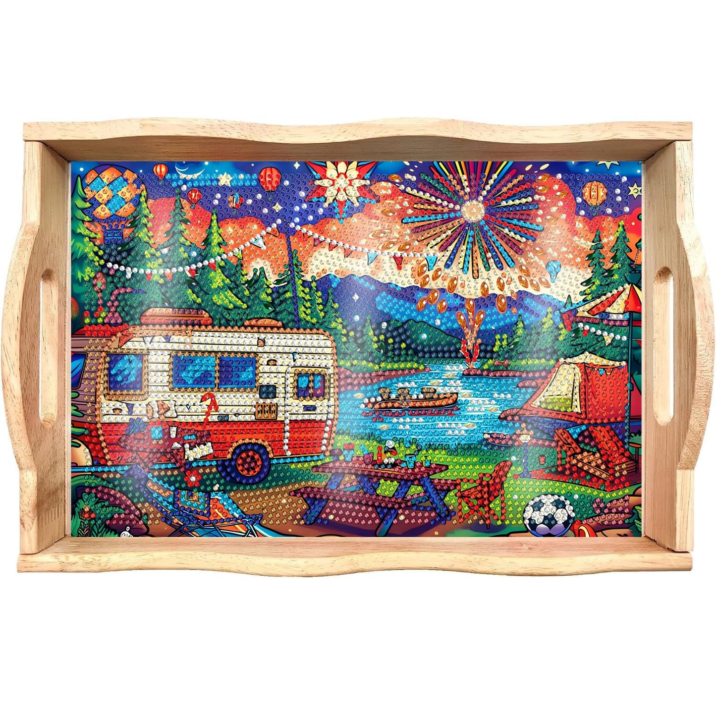 DOTSOPS 5D Diamond Art Kits for Adults Wooden Serving Tray with Handle Special Diamond Painting Plate Big Gem Dots Paint by Numbers Crafts Kits for Living Room Carnival 7.8x11.8 Inches