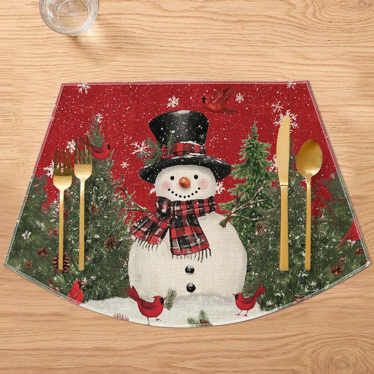 Red Christmas Snowman Wedge Placemats for Round Table Set of 6, Winter Seasonal Kitchen Dining Table Decoration for Indoor Party Home