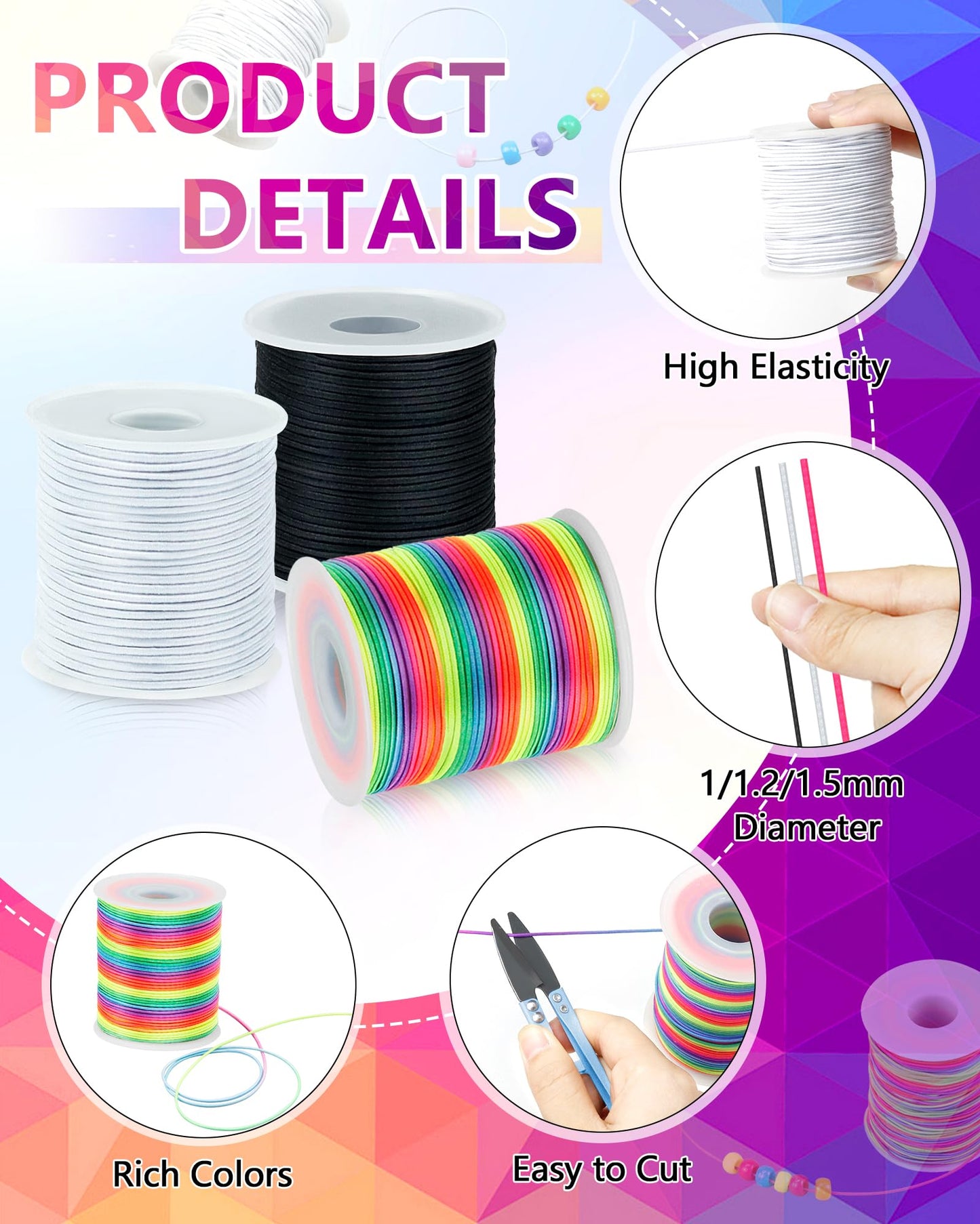 2 Rolls Elastic Bracelet String Total 330 Feet,1.0mm,1.2mm,1.5mm Elastic Cord for Beading Stretchy String with Beading Needle for Bracelets, Sewing, Necklace, Jewelry Making and Crafts