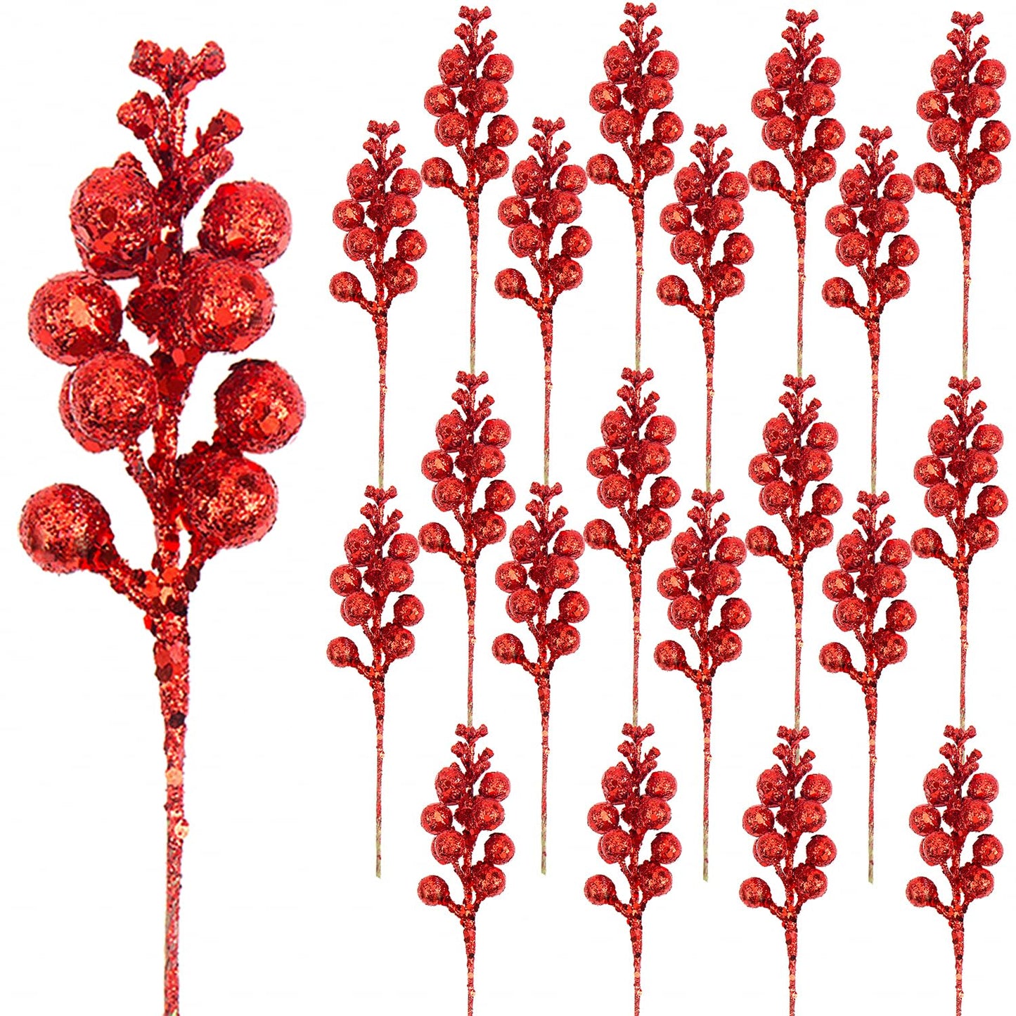 DIYASY Artificial Red Berry Stems,20 Pcs 7.8 Inch Glitter Christmas Tree Picks for Christmas Tree Ornaments,DIY Xmas Wreath, Holiday and Home Decoration