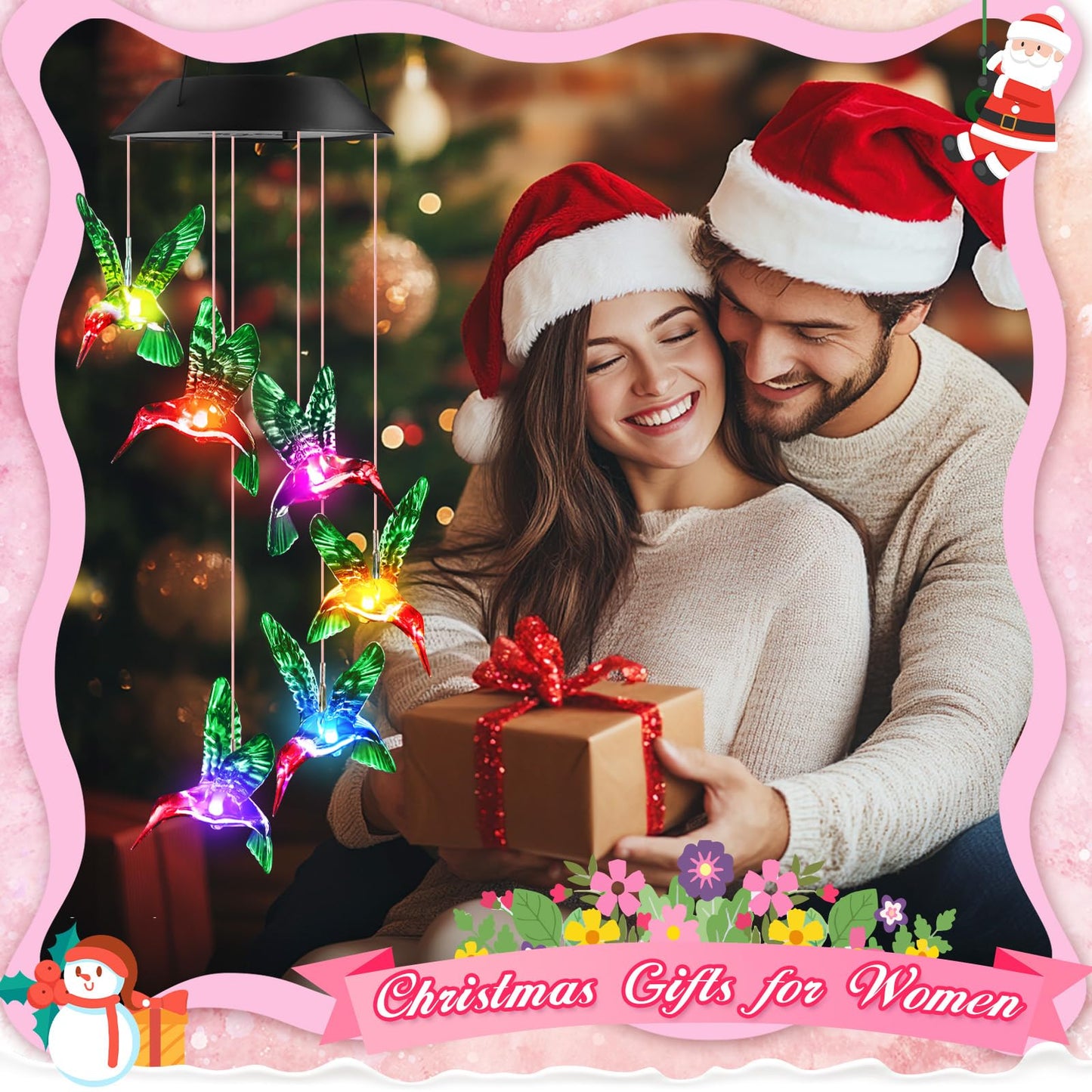 Winzwon Birthday Gifts for Women Mom Grandma, Solar Hummingbird Wind Chimes for Outside Solar Lights Outdoor Decor Hanging Mobile Garden Yard Patio