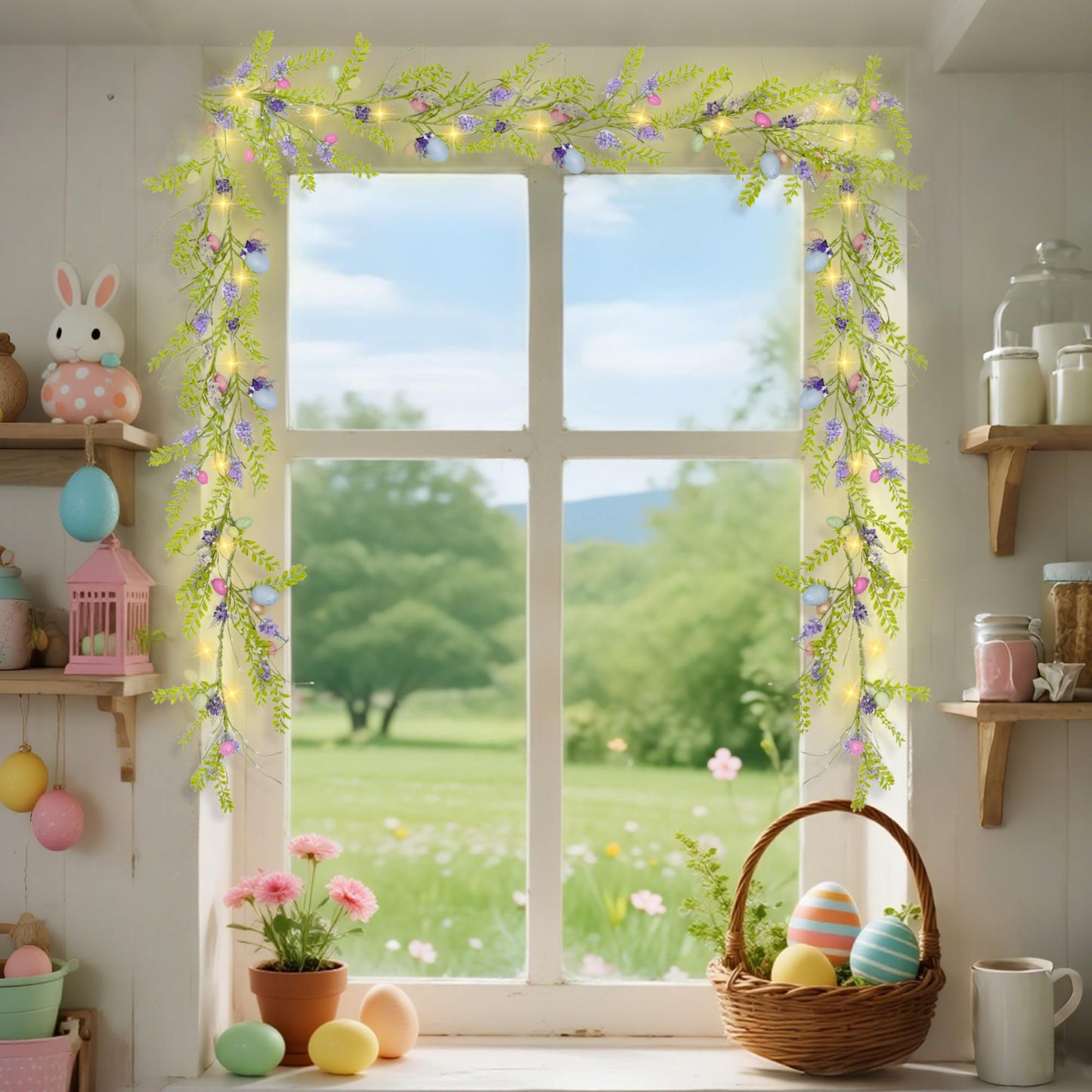 6 FT Easter Decorations for Home Lighted Easter Garland Artificial Egg Garlands with 20 LED Lights & Timer Spring Decor for Mantle Fireplace Table Door