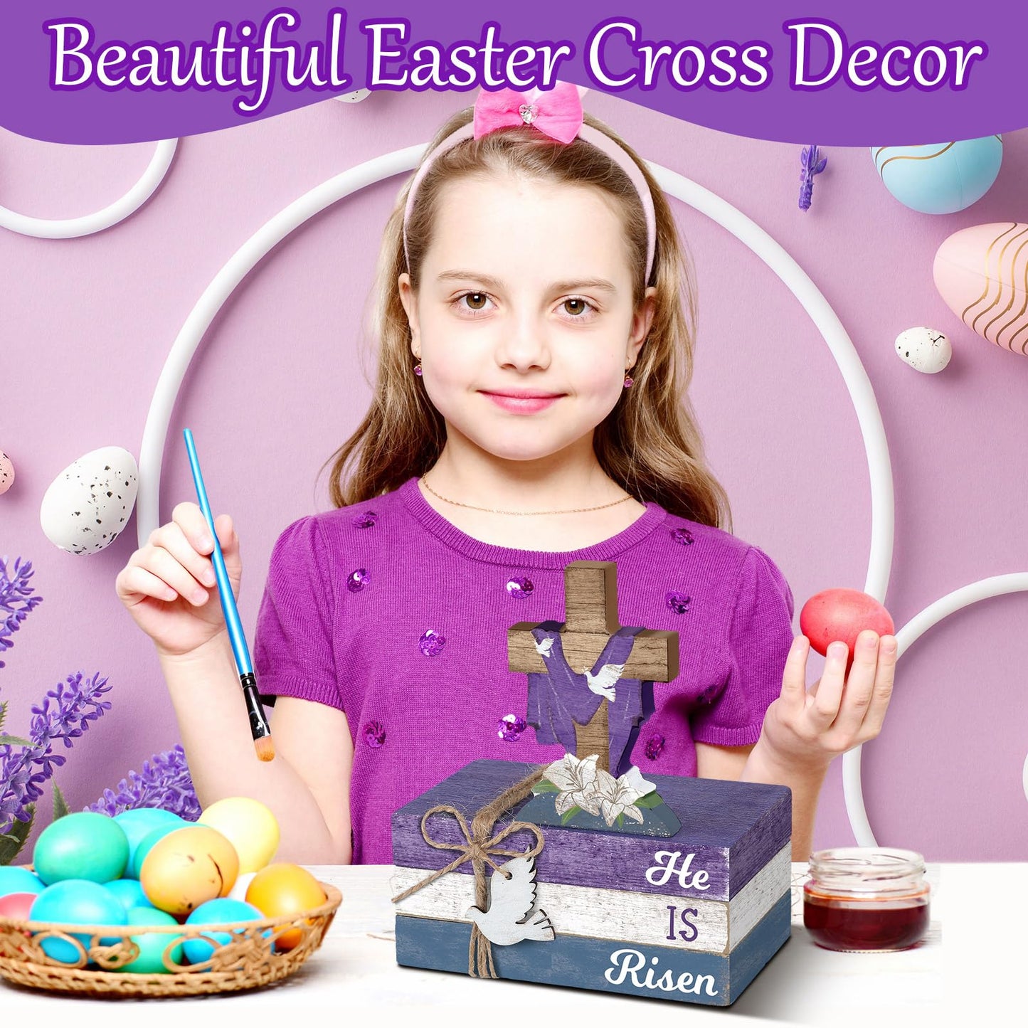 Ferraycle 4 Pcs Easter Decorations He is Risen Wooden Table Sign Religious Wood Centerpiece Easter Cross Blocks Farmhouse Tiered Tray Decor for Fireplace Home Kitchen Table Shelf Decor