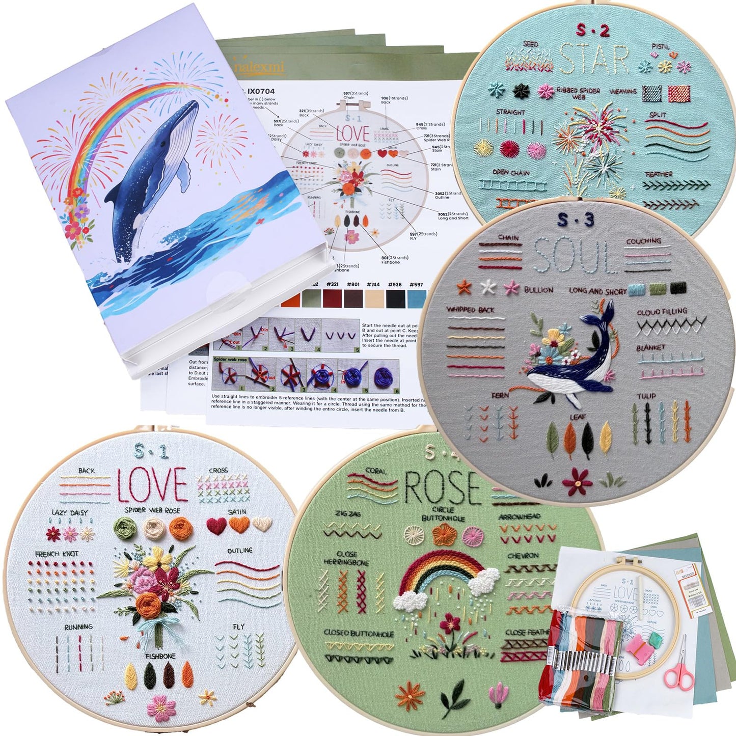 Nalexmi Embroidery Kit for Beginners, DIY Cross Stitching Kit with Stamped Flower Patterns, 4 Pack, Includes Hoop-1, Tools, Threads, Needles, Instructions