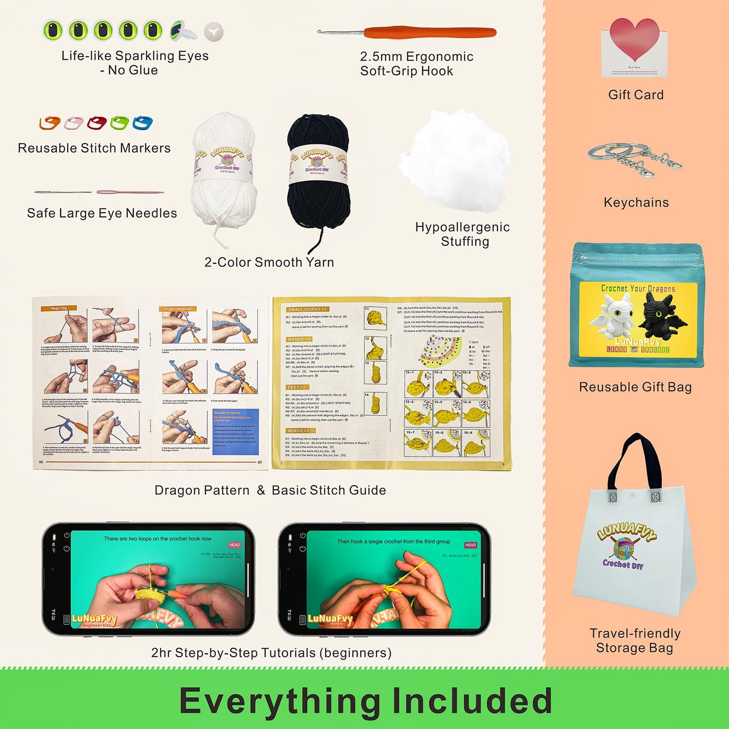 LuNuaFvy Crochet Kit for Beginners Adults & 12+ Kids – Complete Starter Kit to Make 2 Amigurumi Dragons with Left/Right-Hand Video Tutorial (4hr), 3-Way Animal Patterns, Gift & Storage Bags