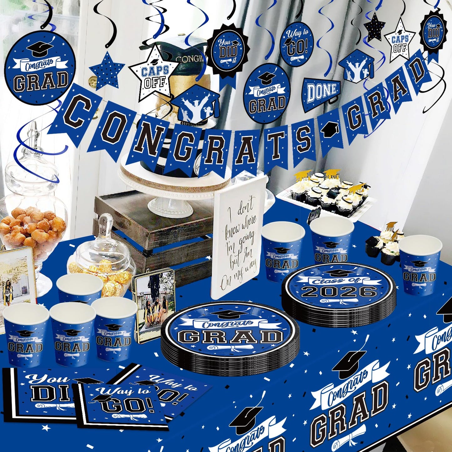 DAZONGE Graduation Decorations 2026 Blue, 265pcs Graduation Party Decorations 2026, Disposable Tableware Set for 50 Guests, Plates, Cups, Tablecloth with Congrats Grad Hanging Decor