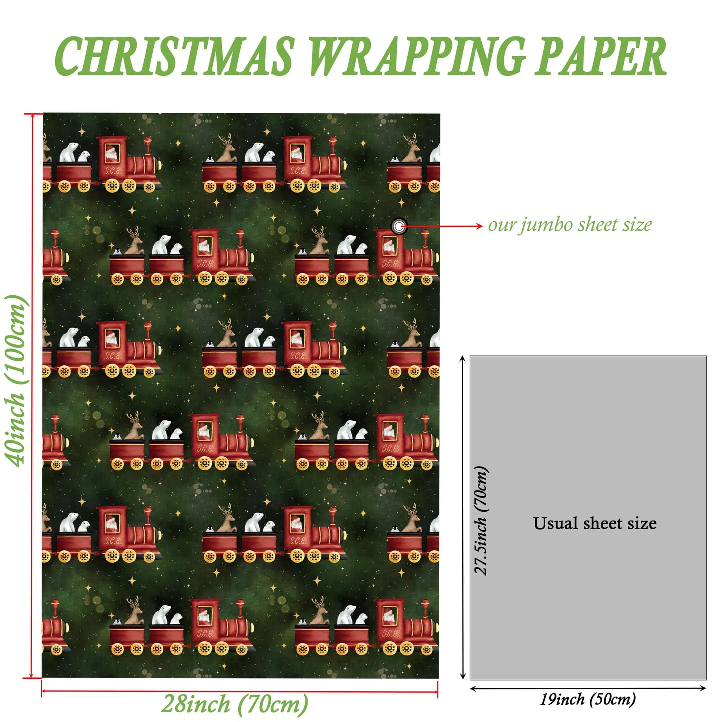 SaringSwoon Vintage Train Christmas Wrapping Paper for Baby Boys Girls Kids - Green Xmas Wrapping Paper with Red Trains, Santa, Polar Bears, Penguins for Holiday - 40×28 Inches, 4 Folded Sheets