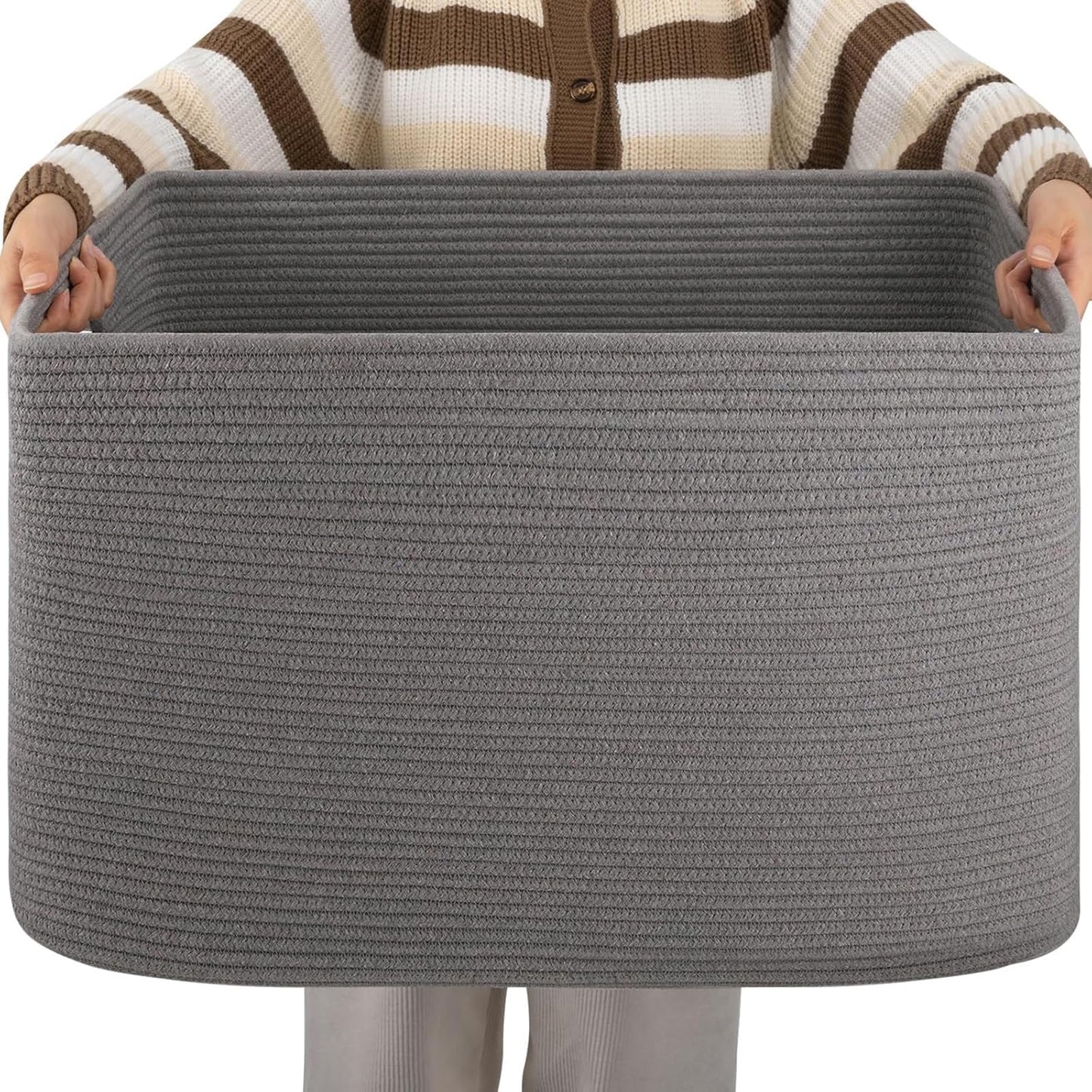 OIAHOMY XXLarge Rectangle Blanket Basket-96L, Cotton Woven Basket for Storage, Dirty Clothes Basket for Living Room, Nursery, Bedroom, Toy Organizing with Handle, 24" x 16" x 15", Dark Grey