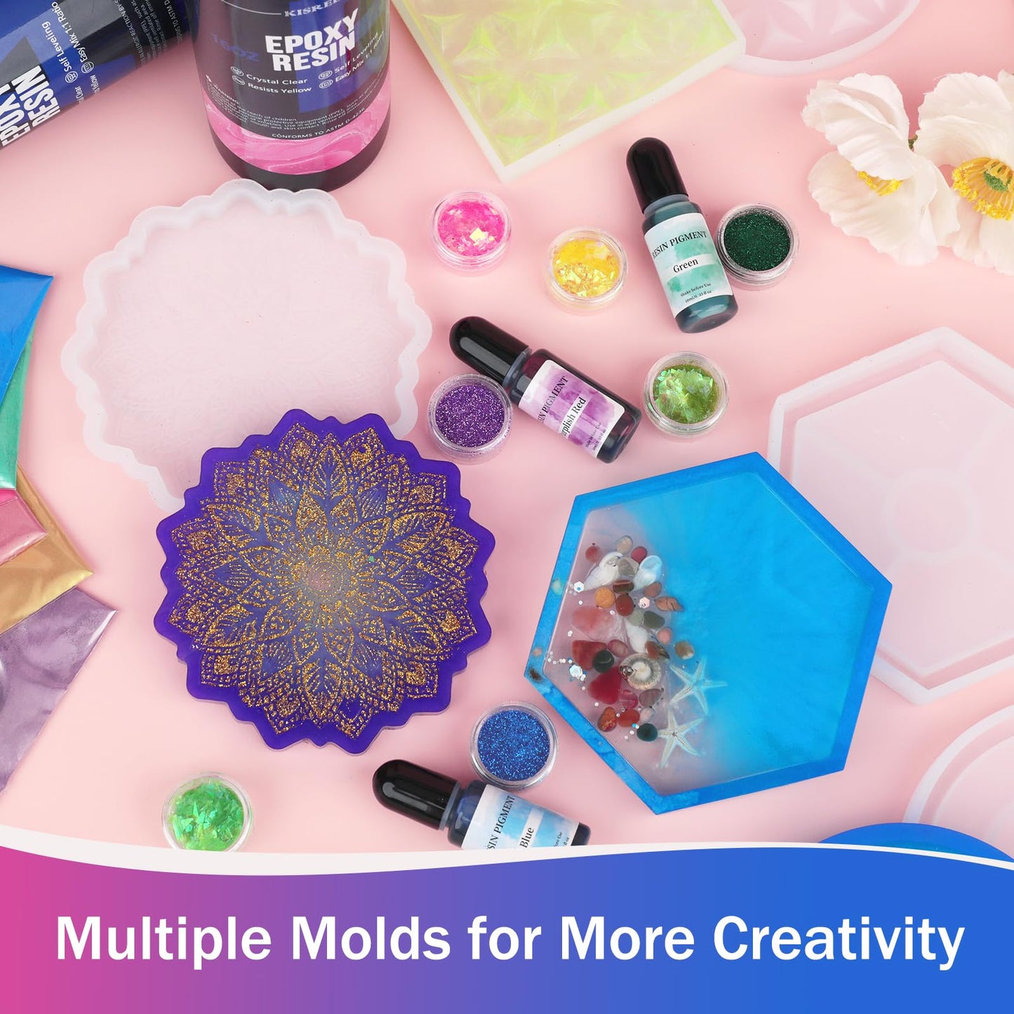 Epoxy Resin Kit for Beginners, 32oz Resin Kit with Coaster Molds, Complete Accessories Include Pigment, Mica Powders, Dried Flowers, Glitter, Measuring Cups and Other Resina Supplie