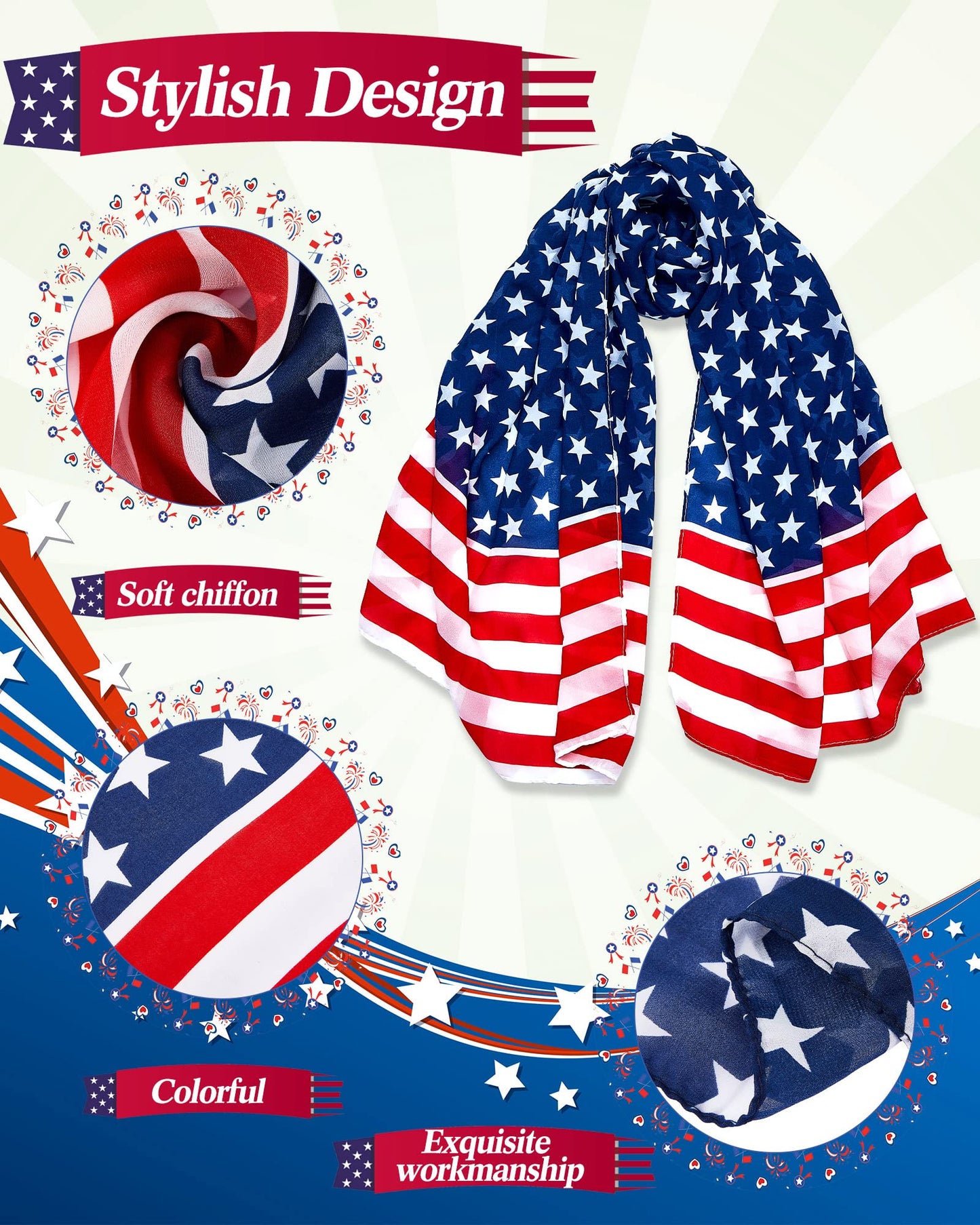 Tarpop 2pcs/6pcs Patriotic Scarf 4th of July Red White Blue Scarf 250th Scarves Flag Shawl for Women Independence Day(Classic)