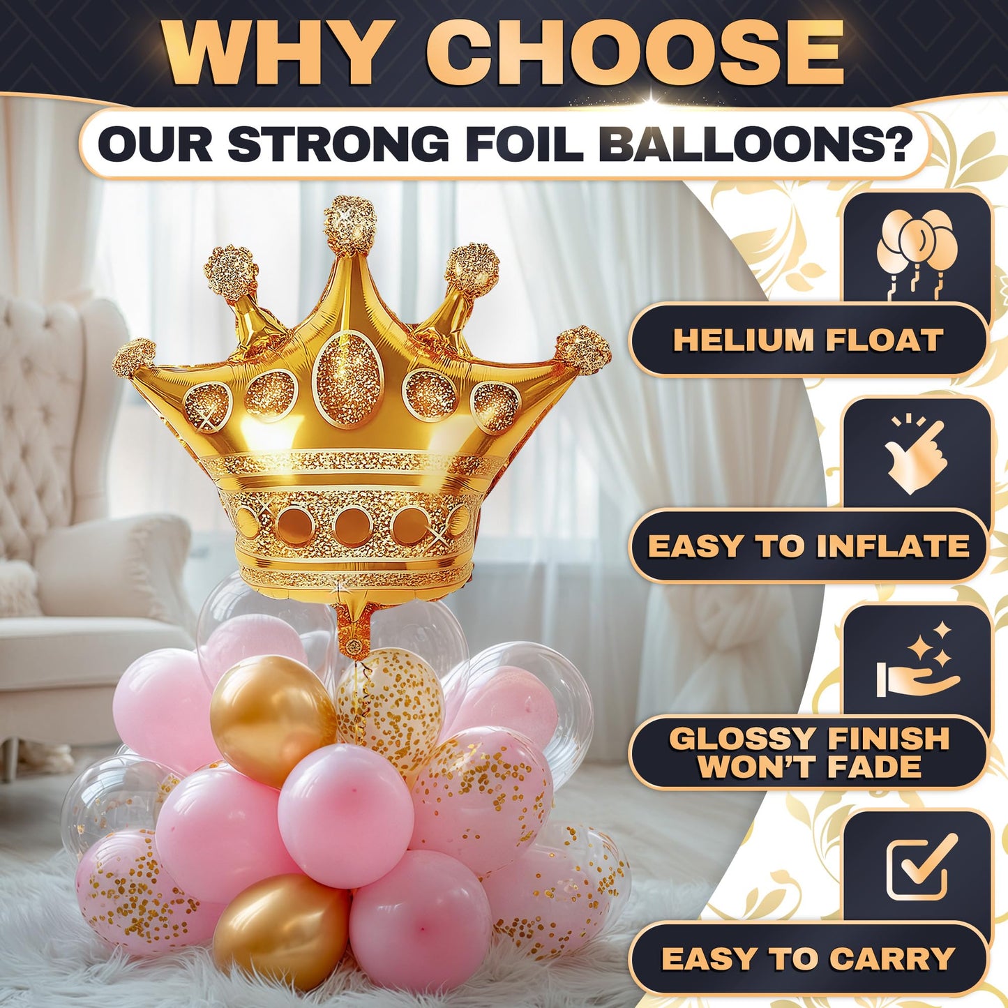 3 Pcs 38" Gold Crown Balloons – Large Gold Balloons with Royal Crown Shape, Reusable Aluminum Foil – Eye Catching Centerpiece for Princess Party Decor, Birthday Setup, Graduation and Photo Backdrop