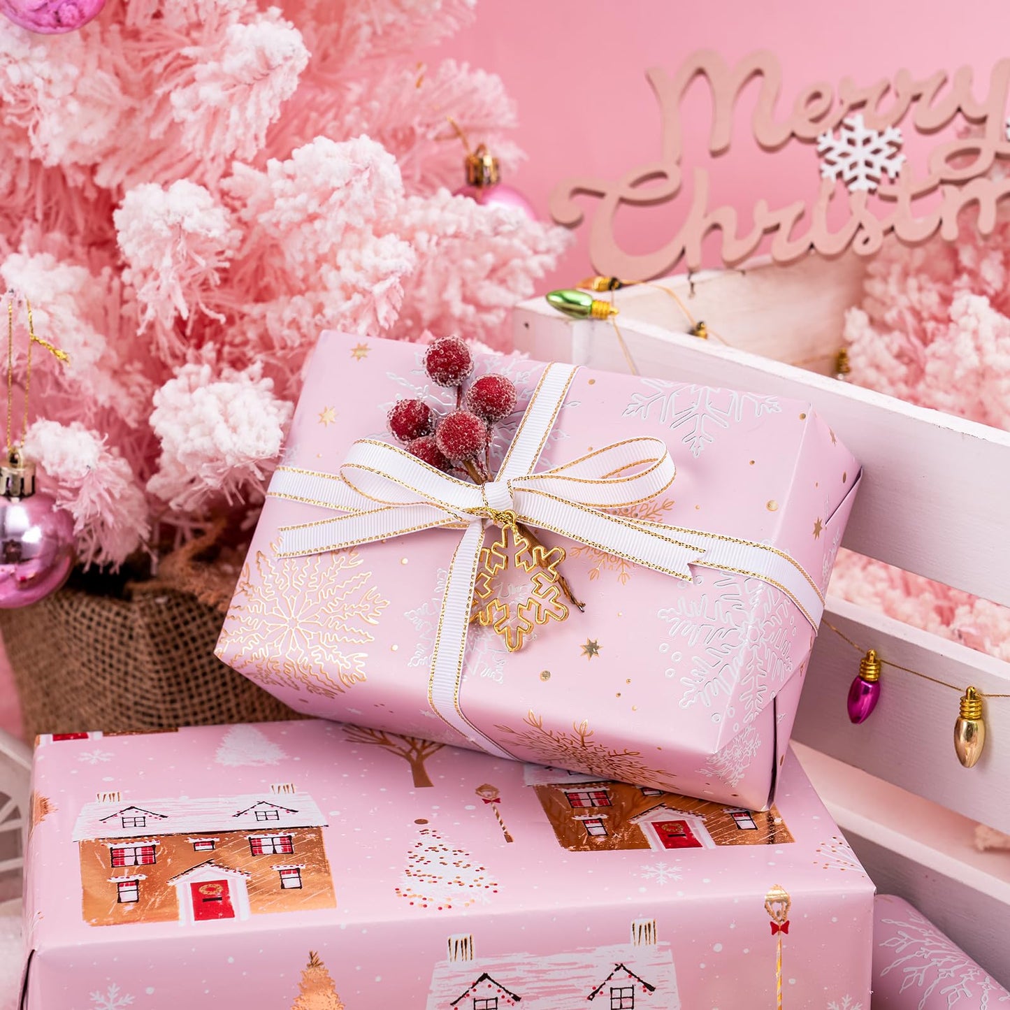 Christmas Wrapping Paper Roll - Mini Roll - 3 Rolls - 17 Inch X 120 Inch Per Roll - Pink and Gold House, Christmas tree, Snowflake Holiday Collection with Metallic Foil Shine