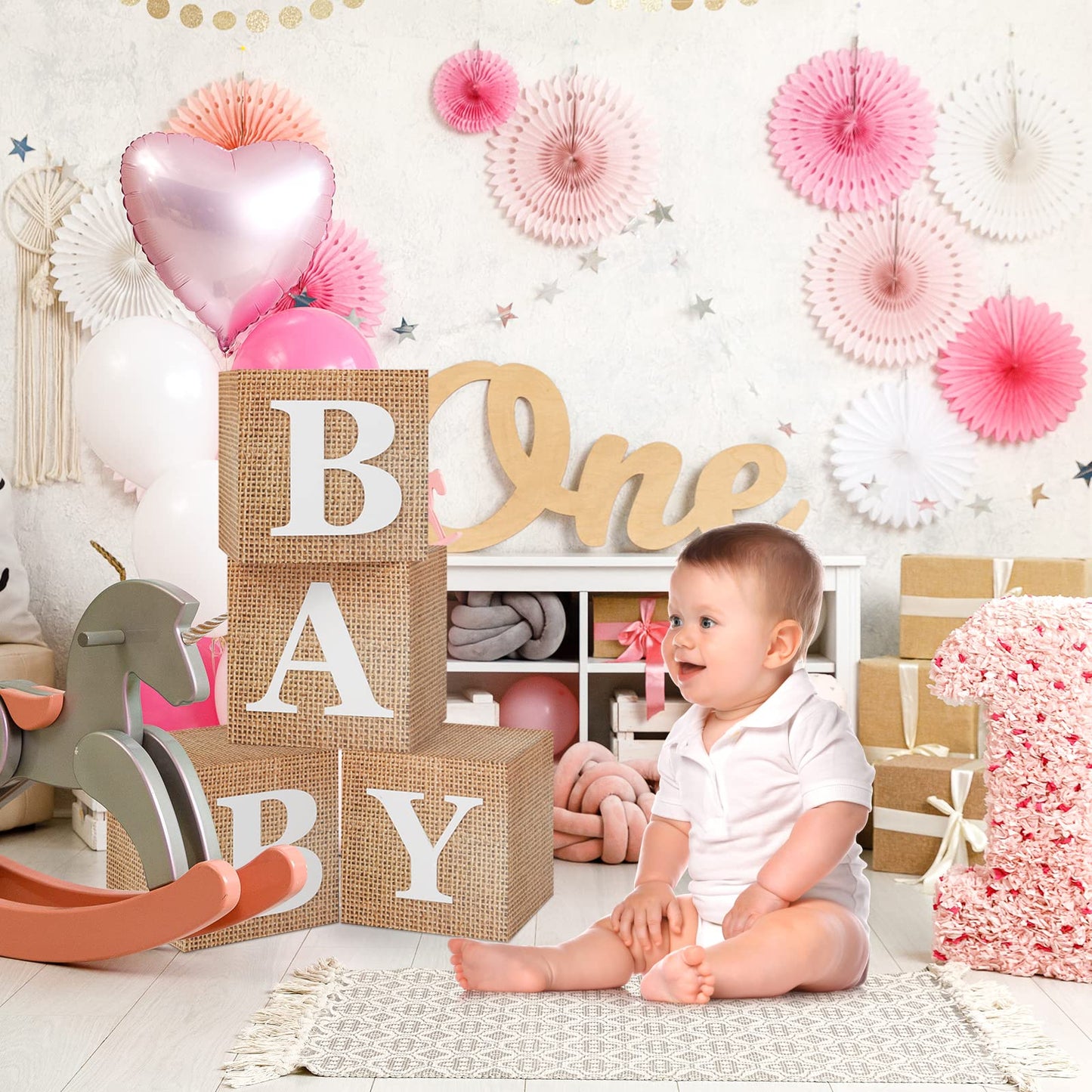 RUBFAC Baby Boxes with Letters for Baby Shower, 4pcs Rustic Farmhouse Style Boho Balloon Boxes with Burlap Grain for Birthday Gender Reveal Decoration Backdrop Photo Props