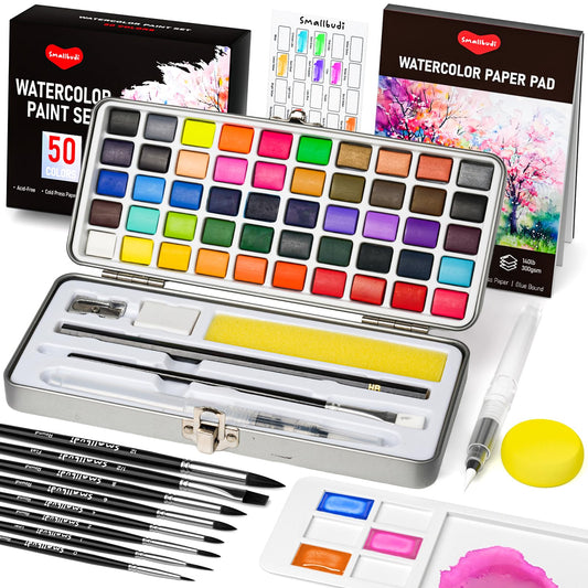 Watercolor Paint Set 50 Colors Including Metallic, Watercolor Kit with Case, Watercolor Paper, Paint Brushes, Palette and Accessories, Water Color Art Supplies Gift for Adults Kids Artists
