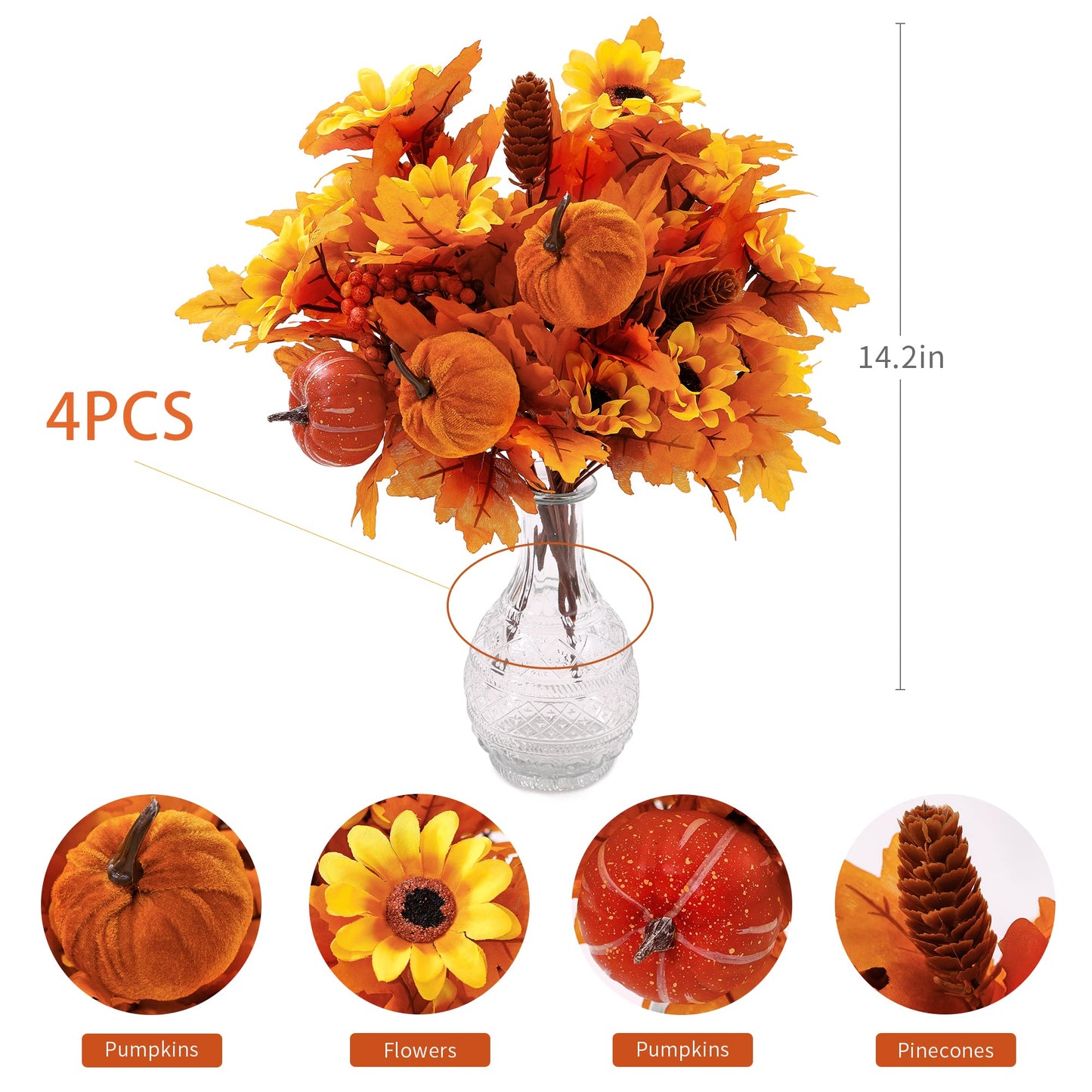 4Pcs Artificial Maple Leaf Pumpkin Branch with Berry and Sun Flowers, Autumn Floral Branch for DIY Arrangment Decor