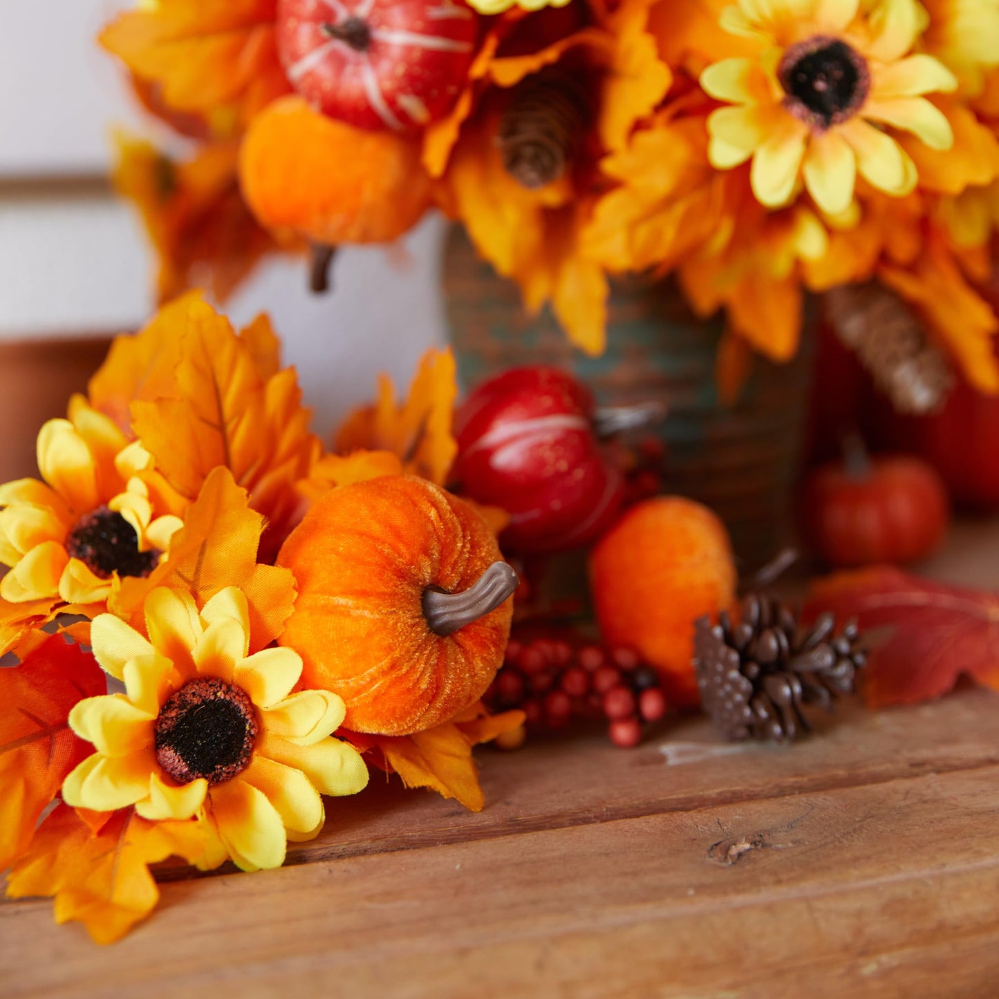 4Pcs Artificial Maple Leaf Pumpkin Branch with Berry and Sun Flowers, Autumn Floral Branch for DIY Arrangment Decor