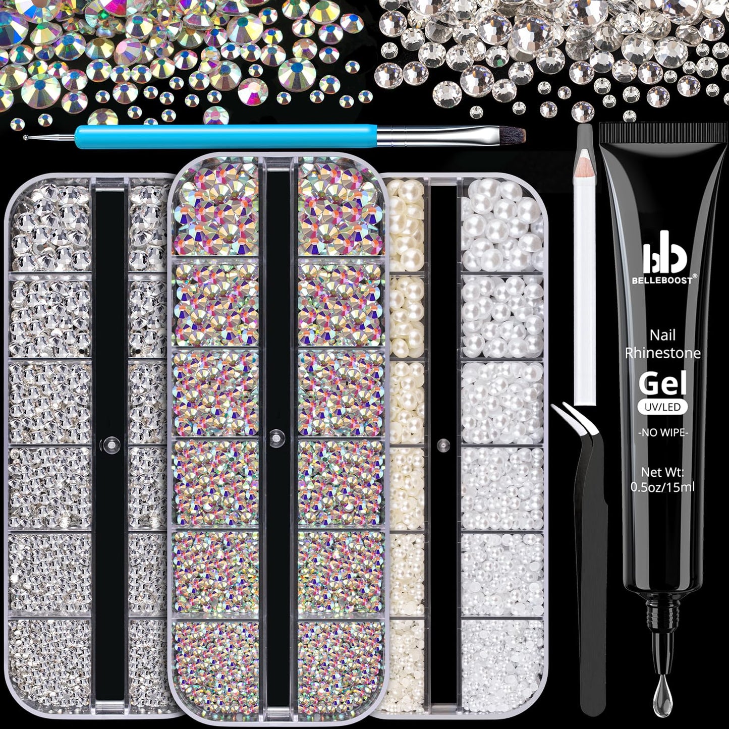 Rhinestones for Nails & Pearls, Manicure Kit with Nail Rhinestone Glue Gel, Flatback Glass Crystal AB + Clear Gems, White & Beige Half Round Pearls, Gem Glue for Nails (UV/LED Needed) with Tools