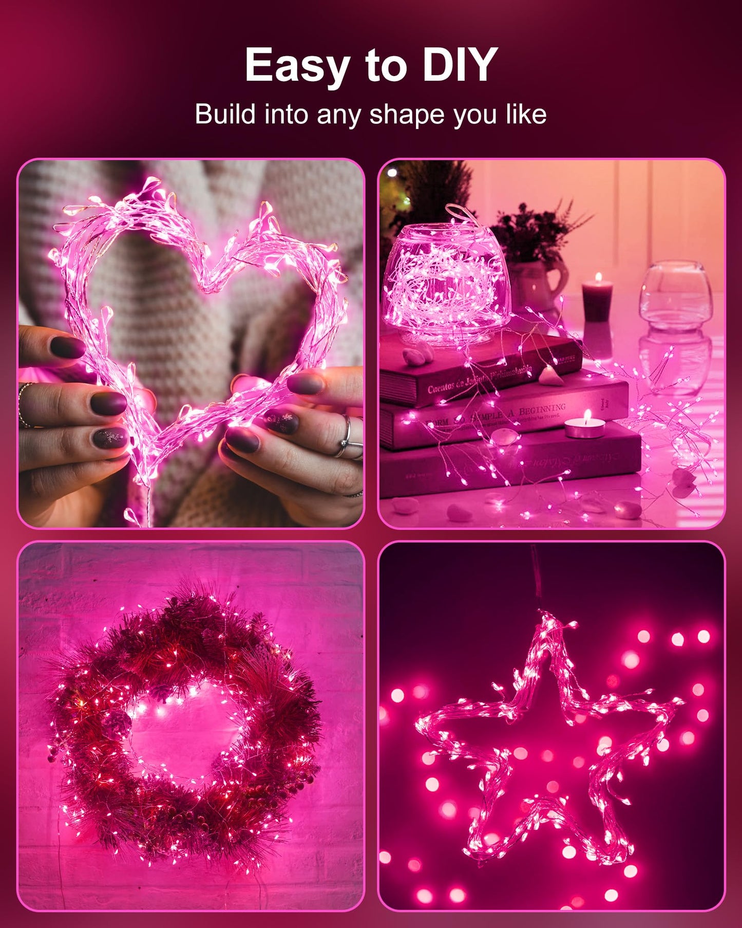 Fairy Lights Battery Operated, Twinkle String Lights Waterproof Silver Wire 5 Ft 60 LED Firecracker Valentine's Lights for DIY Wreath Wedding Bedroom Mason Jar Holiday Christmas Valentine's Day, Pink