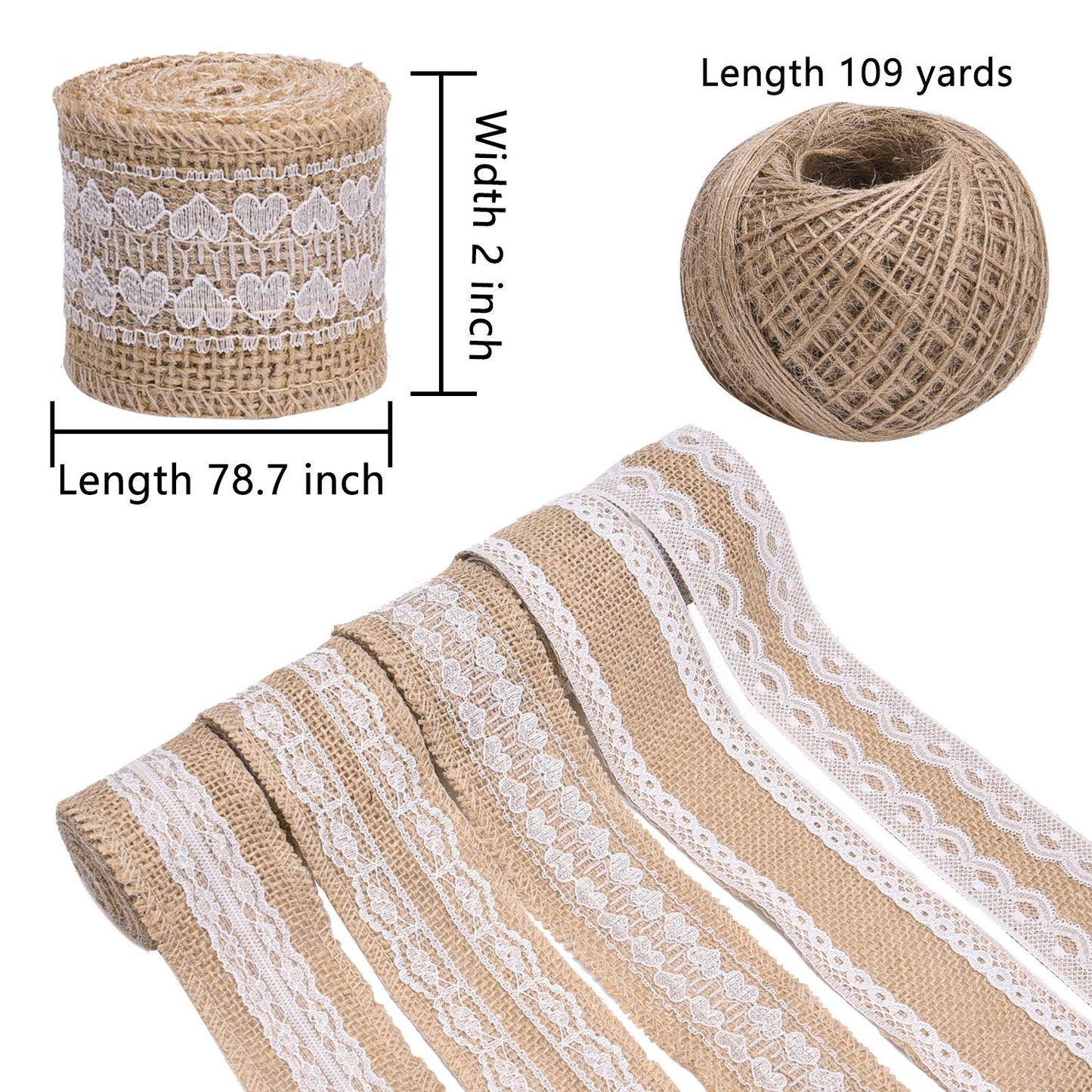 Livder 11 Yards Natural Burlap Ribbon Roll with White Lace and 109 Yard Jute Twine for DIY Home Decoration and Gift Wrap