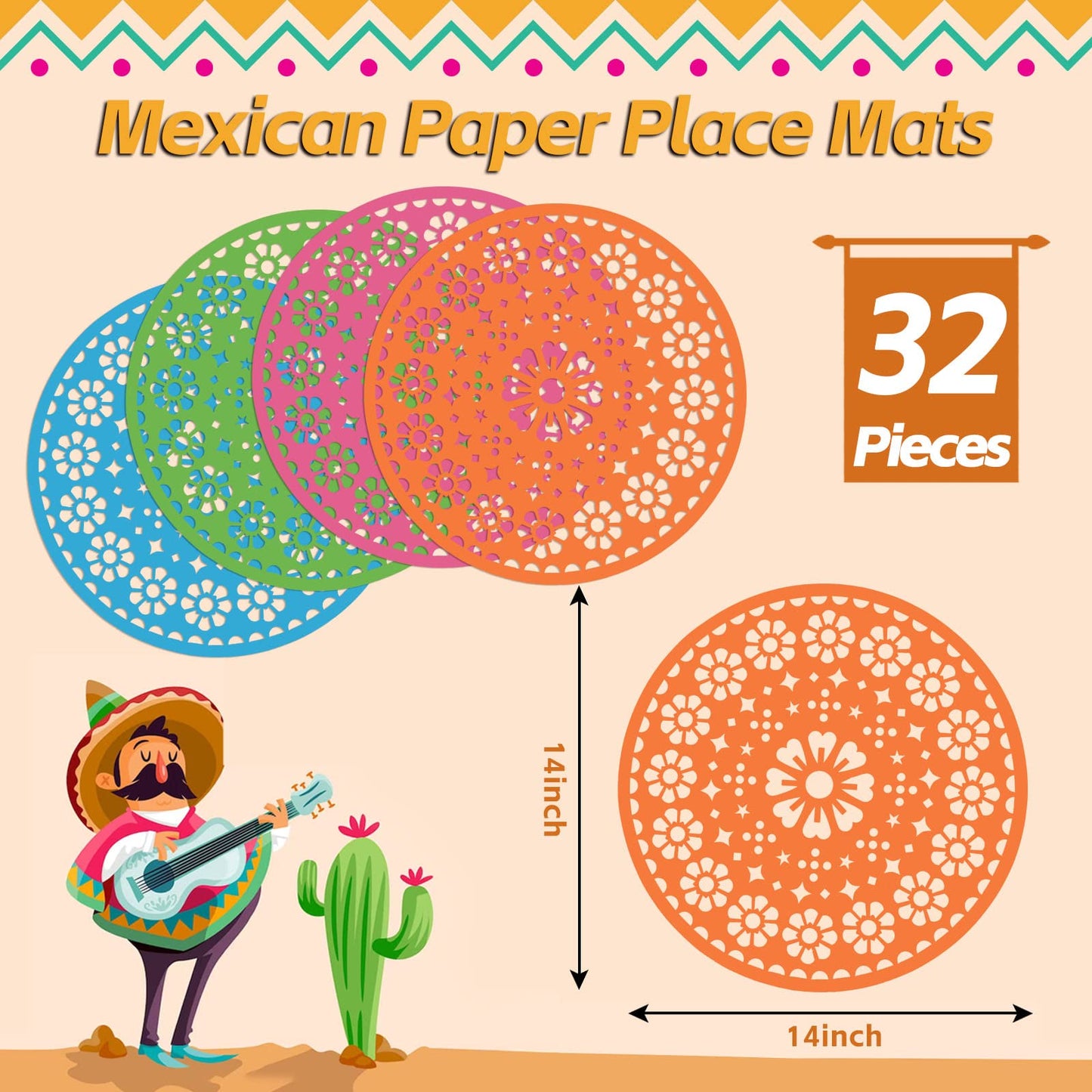32 Pieces Fiesta Paper Place Mats 14" Mexican Papel Picado Cinco De Mayo Disposable Placemat Round Paper Doilies Cutouts for Mexican Party Supplies Tableware Decoration